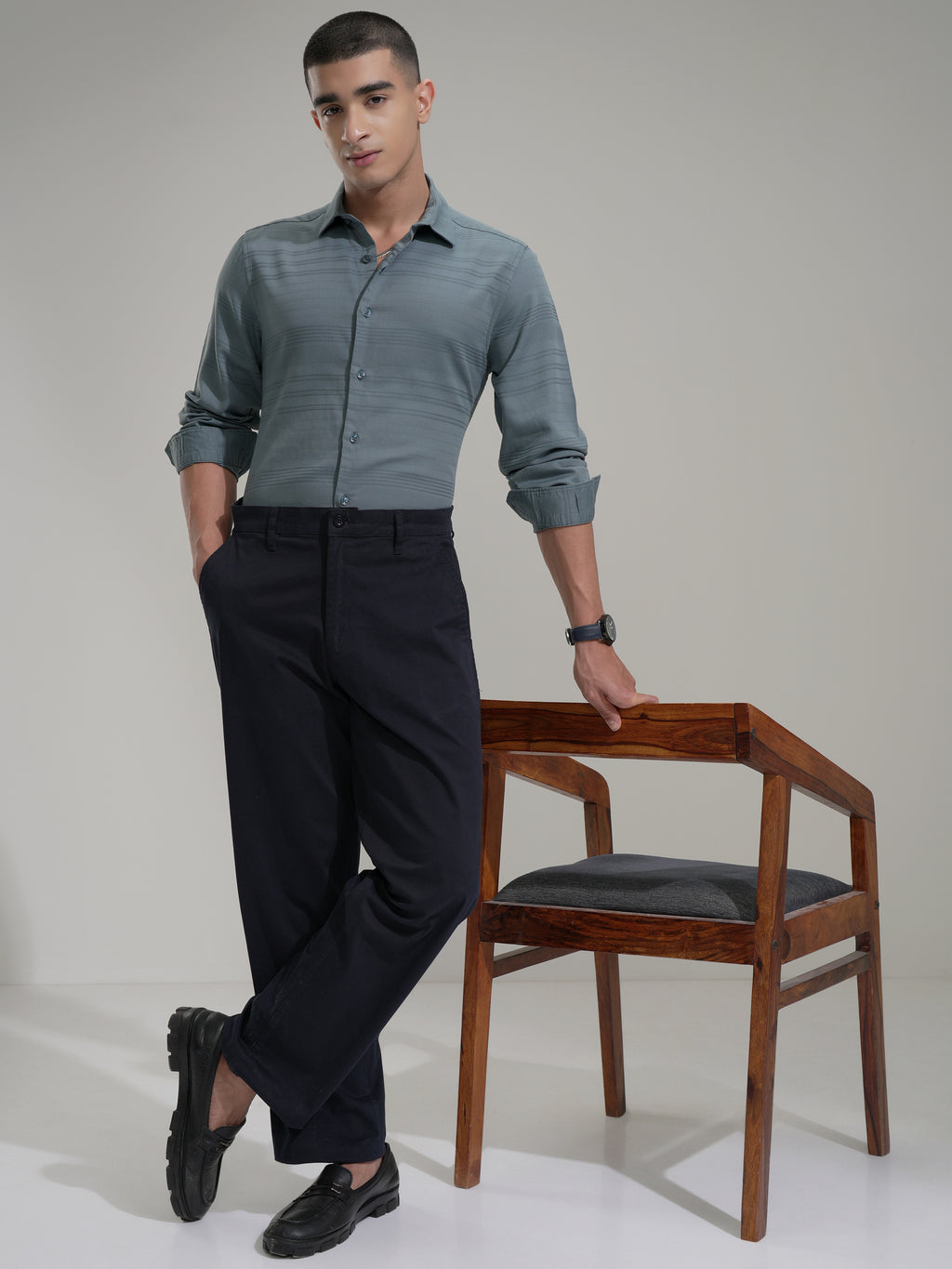 Highlander Men Teal Striped Slim Fit Casual Shirt - Teal - Image 2