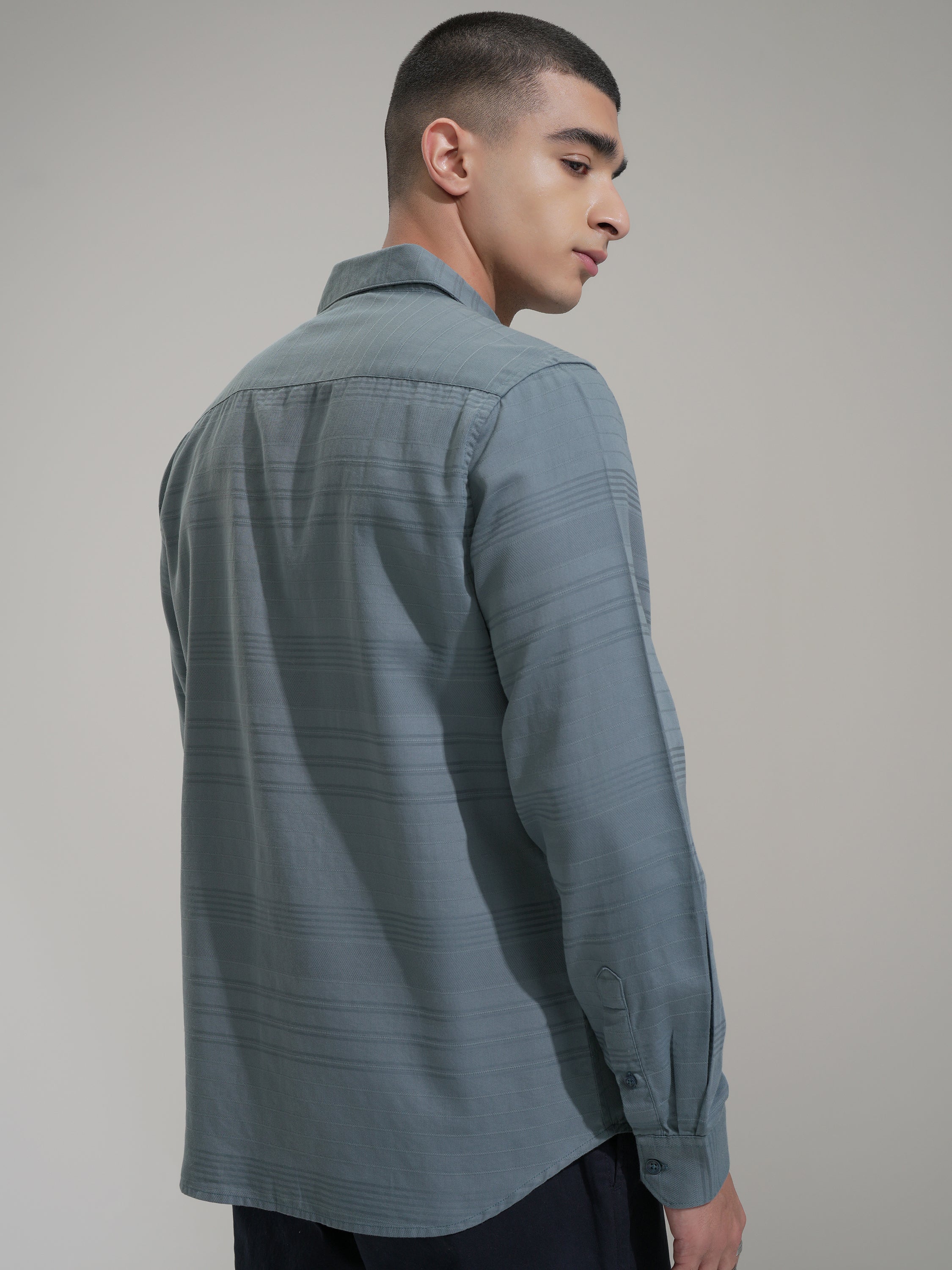 Highlander Men Teal Striped Slim Fit Casual Shirt - Teal - Image 3