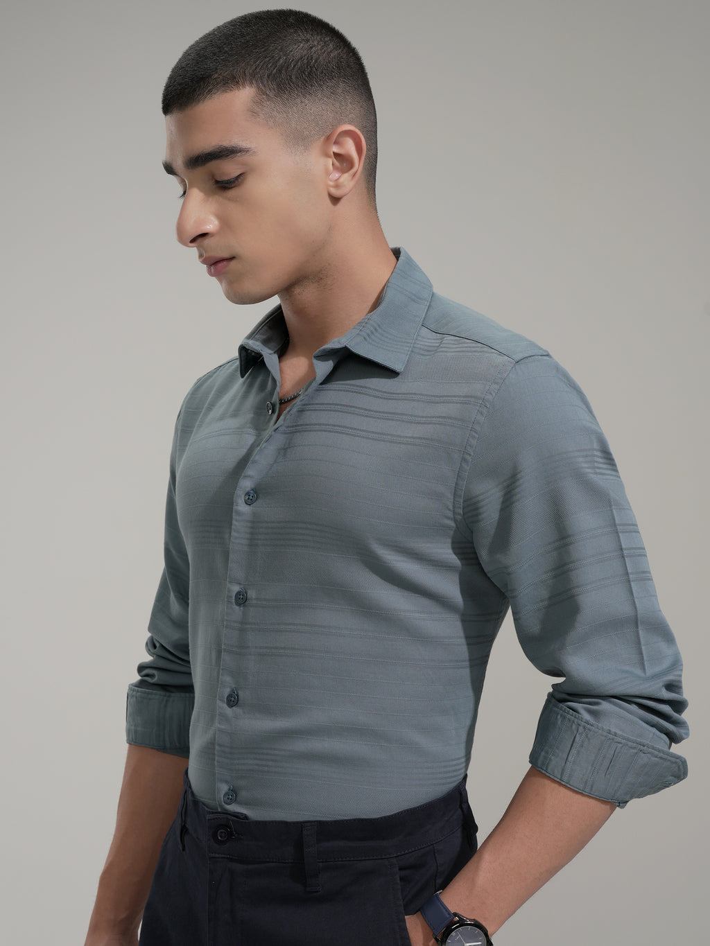 Highlander Men Teal Striped Slim Fit Casual Shirt - Teal - Image 4