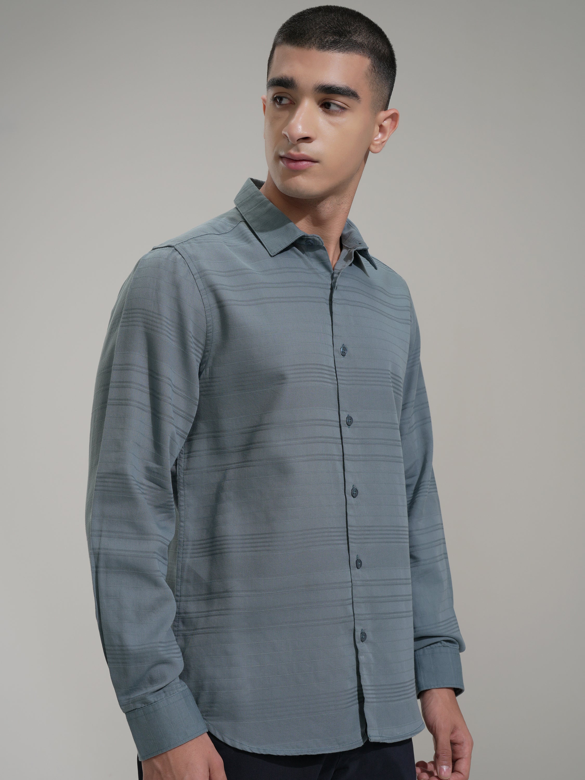 Highlander Men Teal Striped Slim Fit Casual Shirt - Teal - Image 6