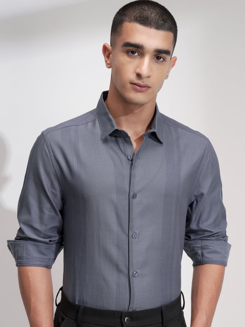 Highlander Men Grey Self Design Slim Fit Casual Shirt - Grey - Image 1