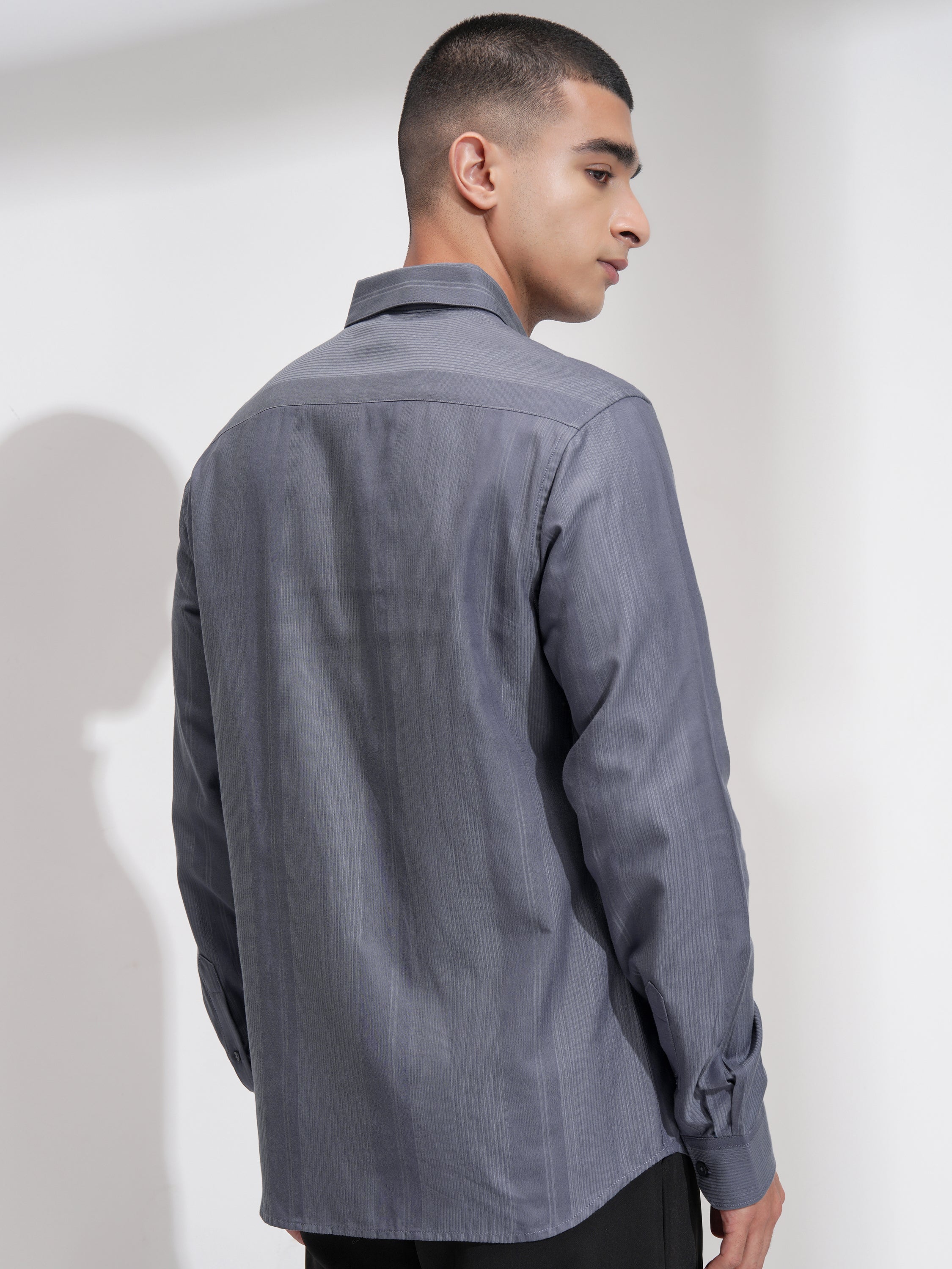 Highlander Men Grey Self Design Slim Fit Casual Shirt - Grey - Image 3