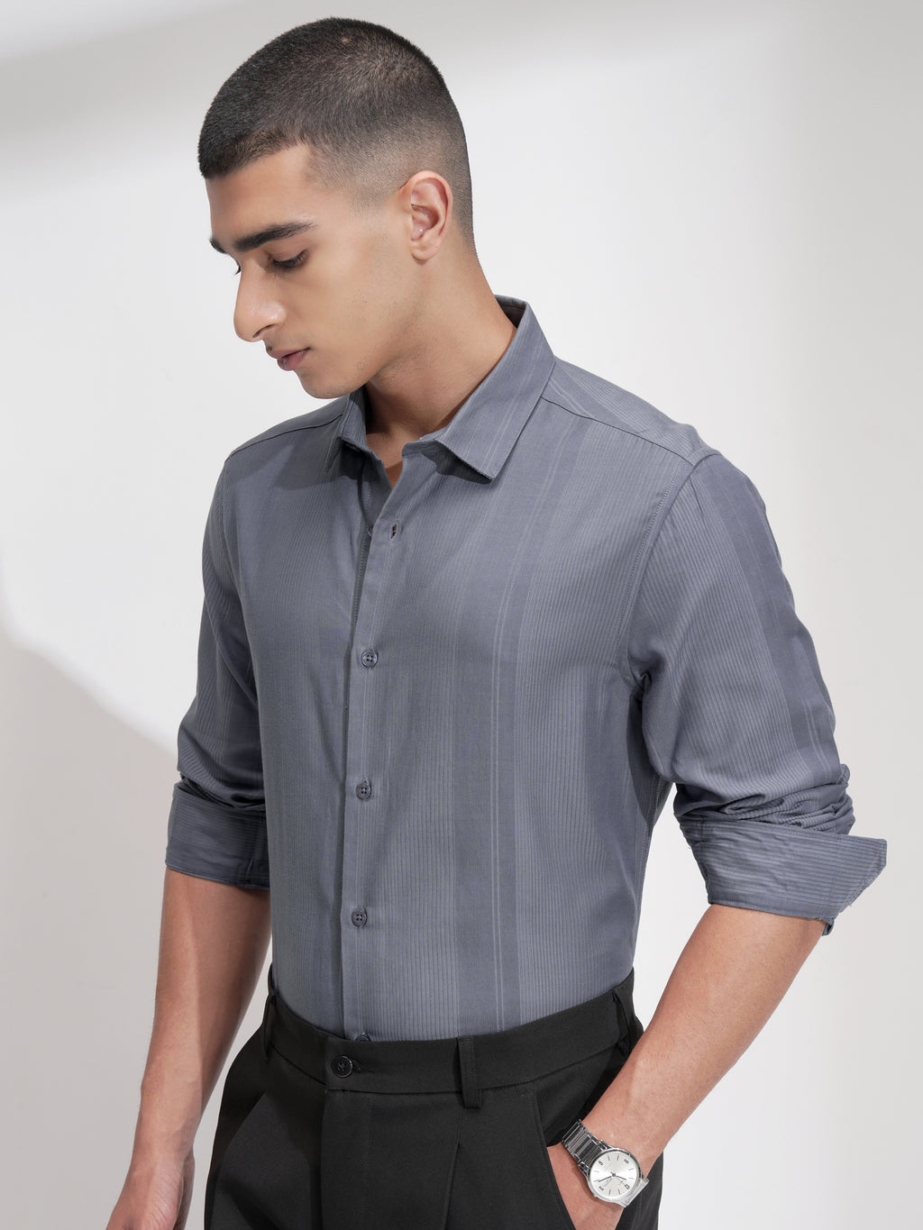 Highlander Men Grey Self Design Slim Fit Casual Shirt - Grey - Image 4