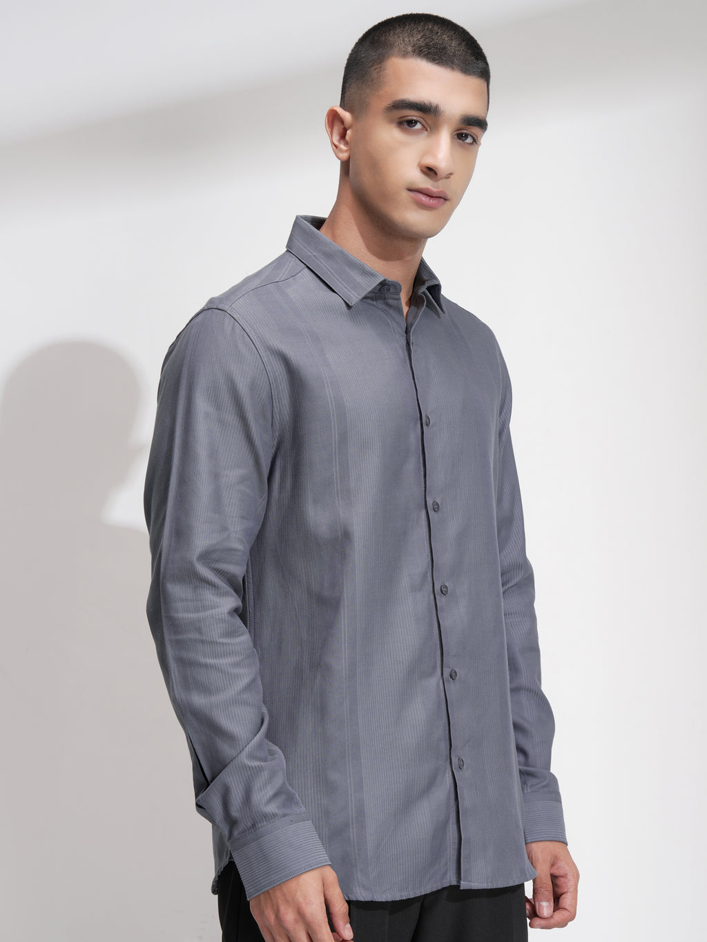 Highlander Men Grey Self Design Slim Fit Casual Shirt - Grey - Image 6