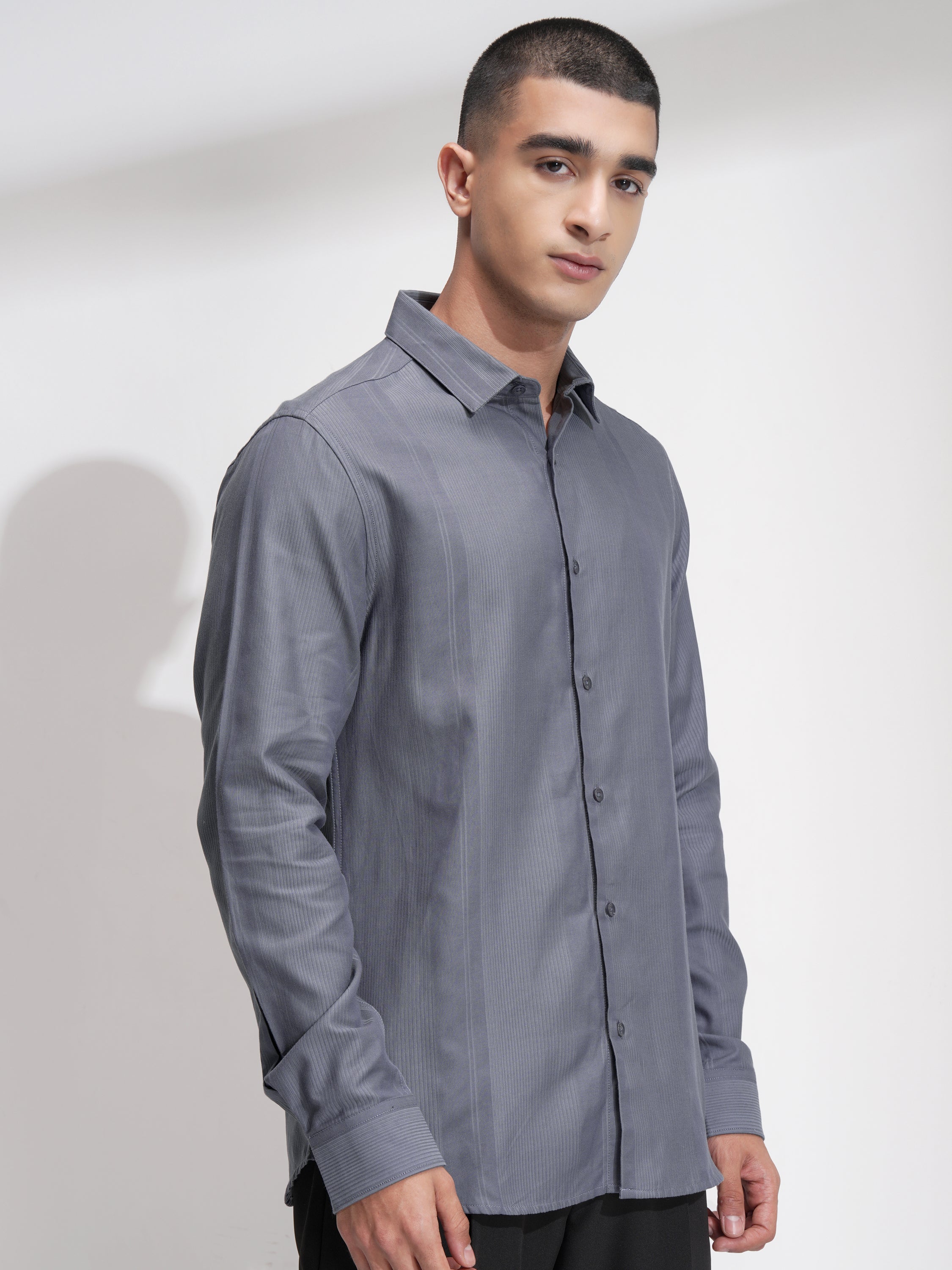 Highlander Men Grey Self Design Slim Fit Casual Shirt - Grey - Image 6