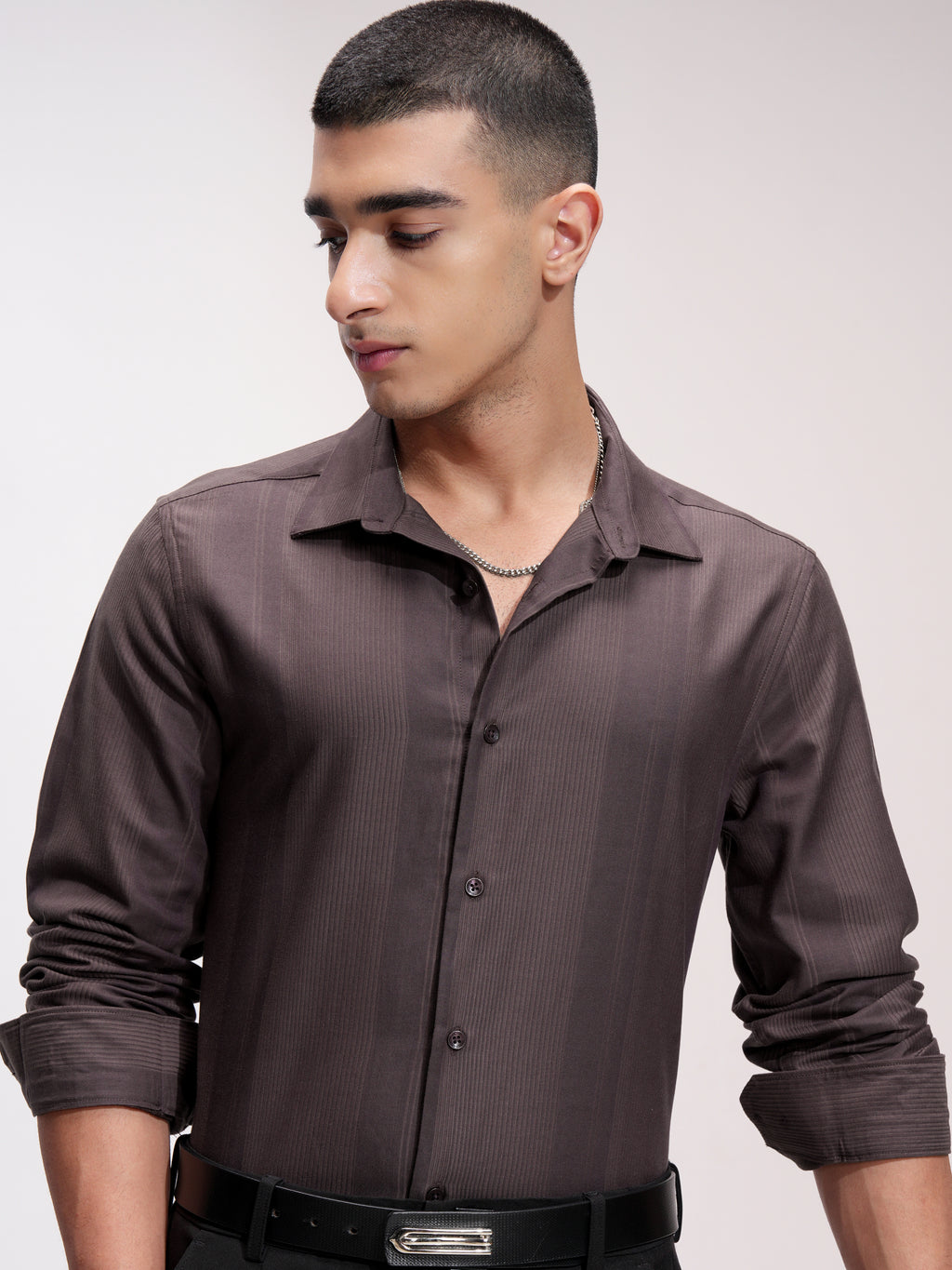 Highlander Men Brown Self Design Slim Fit Casual Shirt - Brown - Image 1
