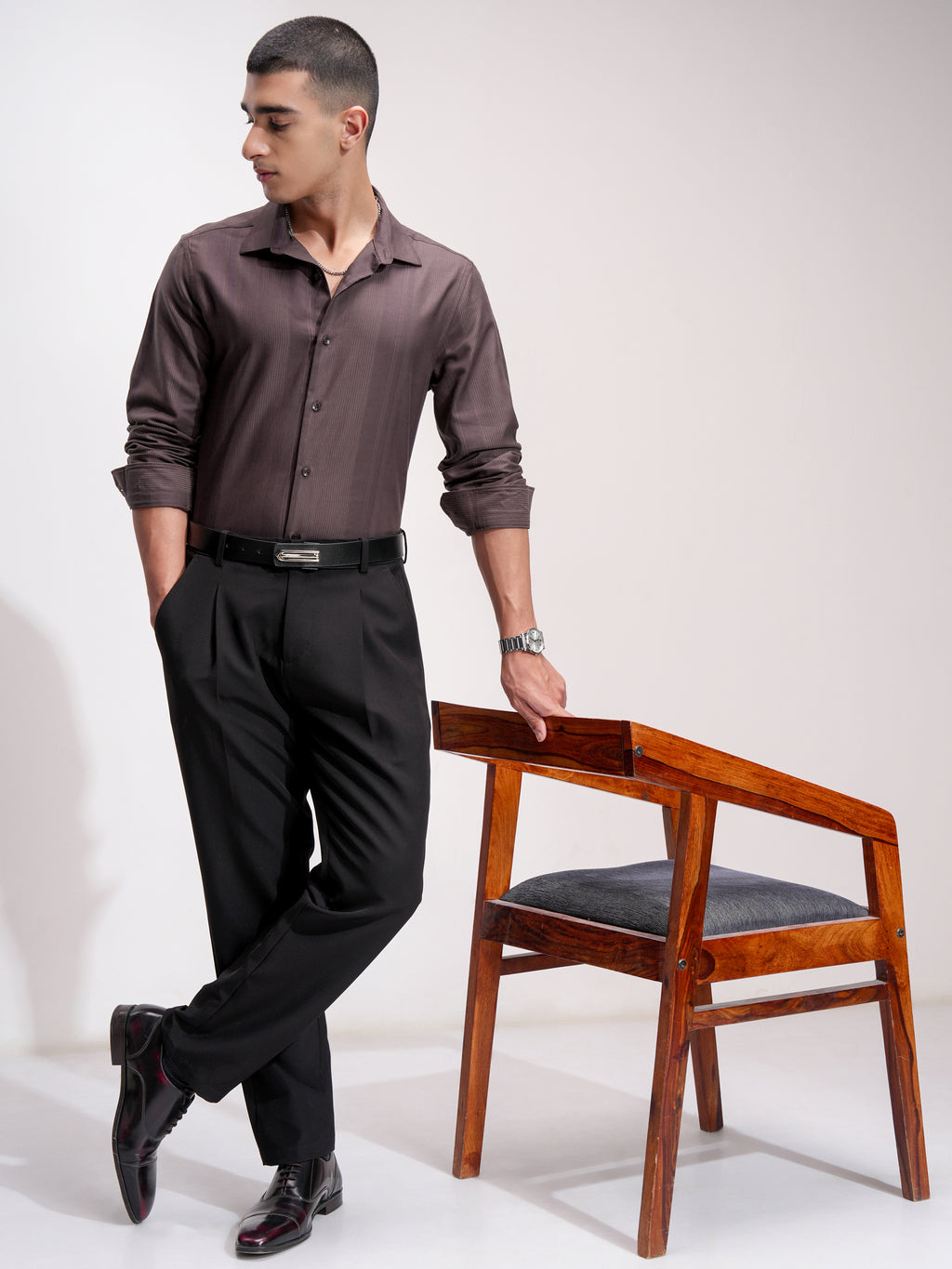 Highlander Men Brown Self Design Slim Fit Casual Shirt - Brown - Image 2