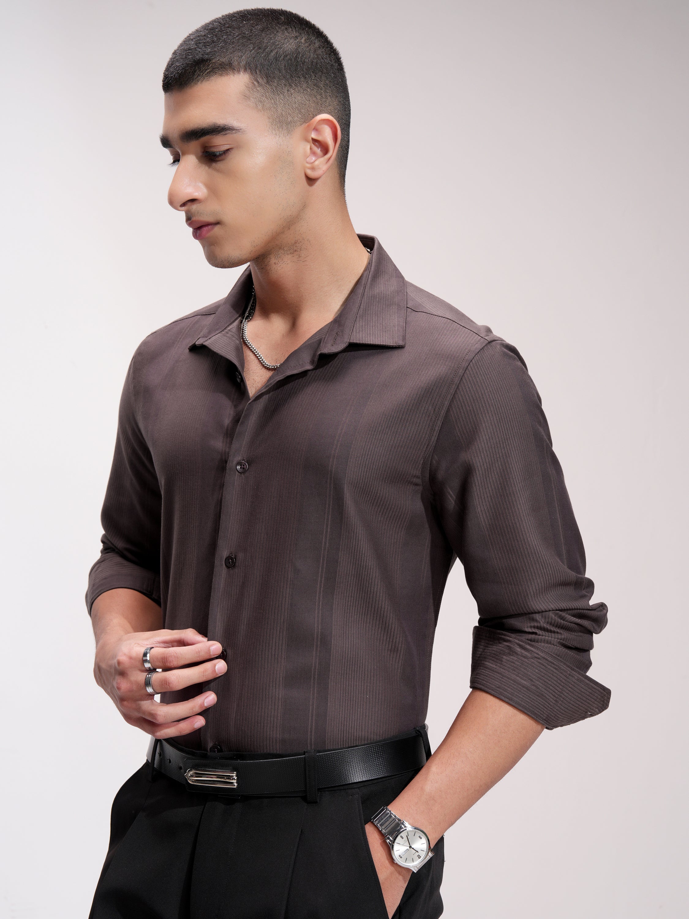 Highlander Men Brown Self Design Slim Fit Casual Shirt - Brown - Image 4