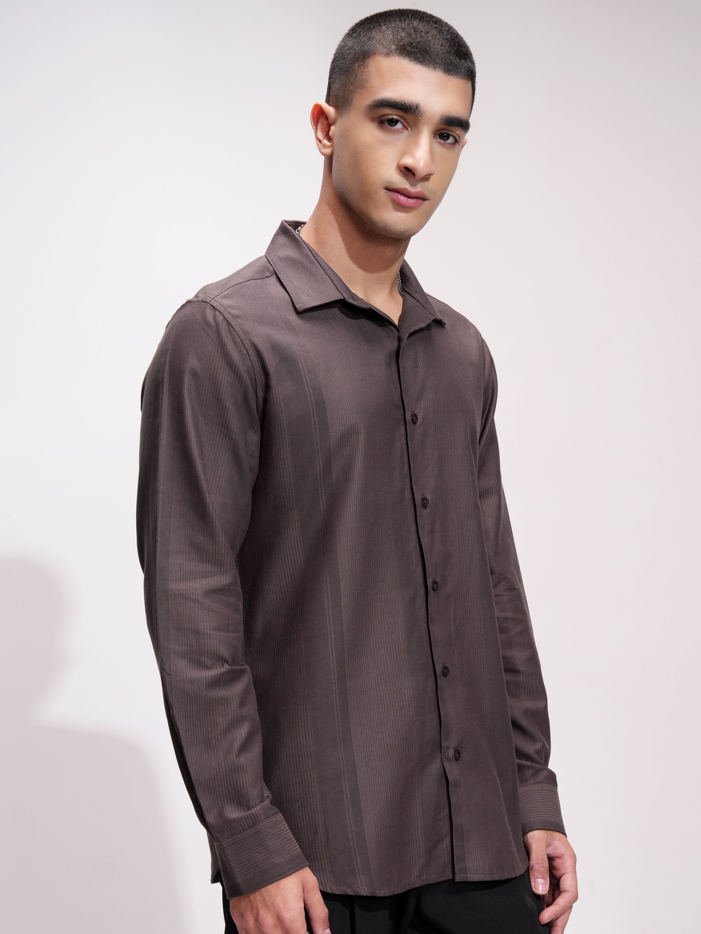 Highlander Men Brown Self Design Slim Fit Casual Shirt - Brown - Image 6