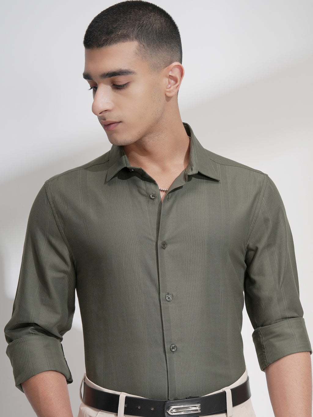 Highlander Men Olive Self Design Slim Fit Casual Shirt - Olive - Image 1