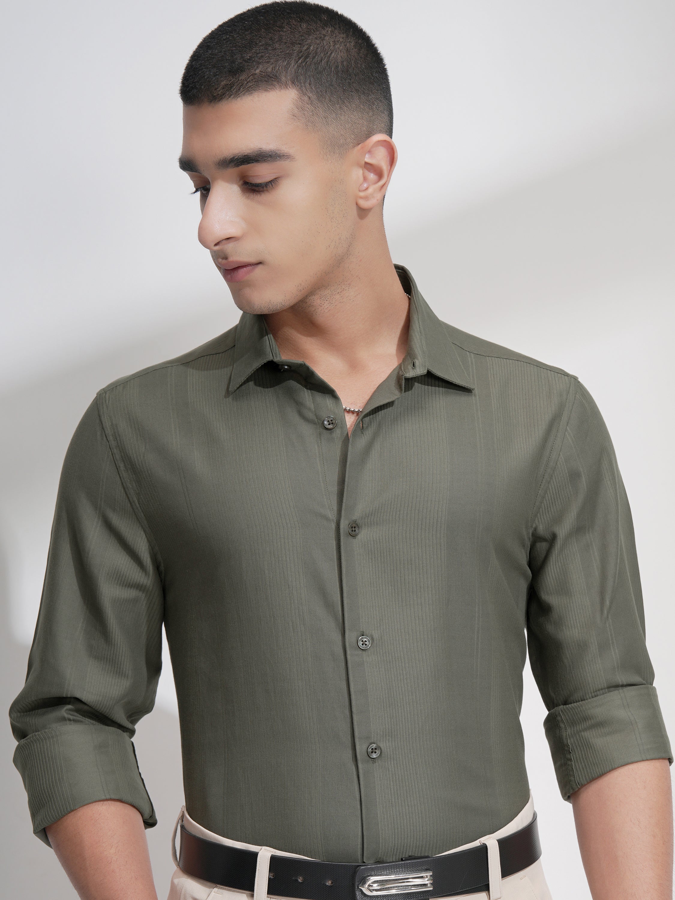 Highlander Men Olive Self Design Slim Fit Casual Shirt - Olive - Image 1