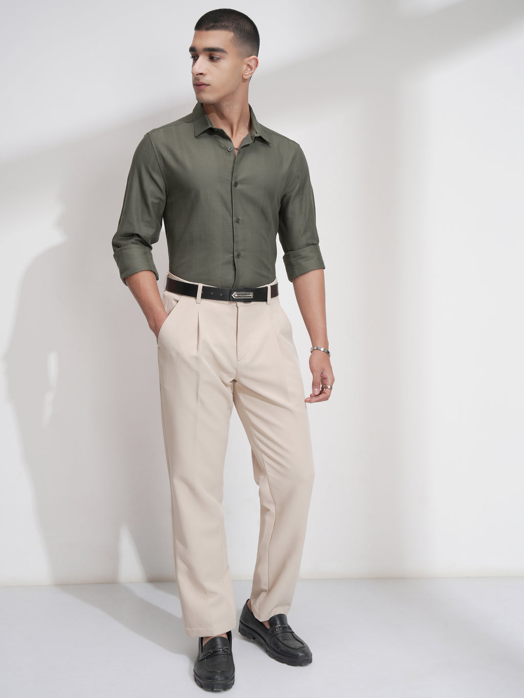 Highlander Men Olive Self Design Slim Fit Casual Shirt - Olive - Image 2