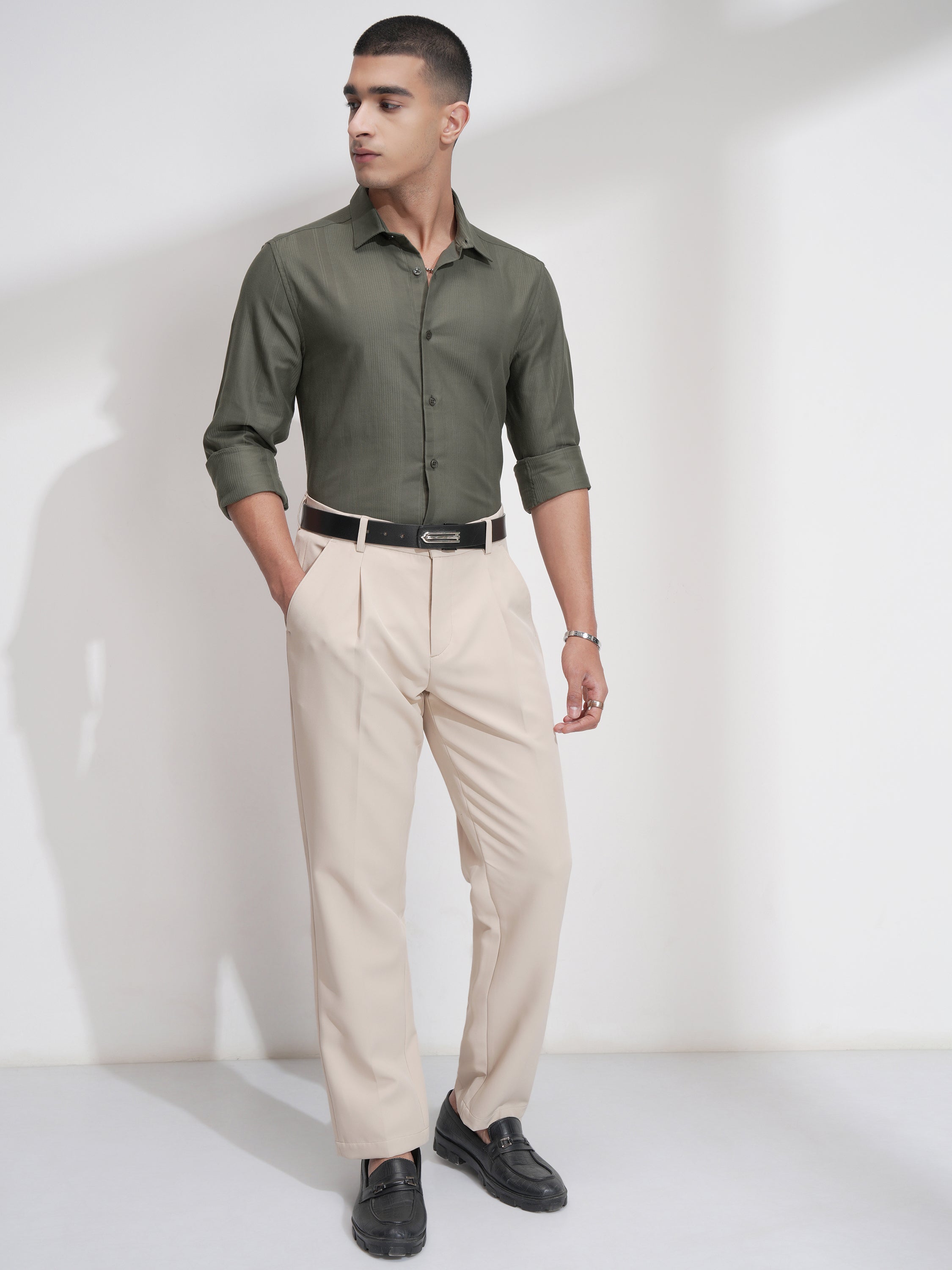 Highlander Men Olive Self Design Slim Fit Casual Shirt - Olive - Image 2