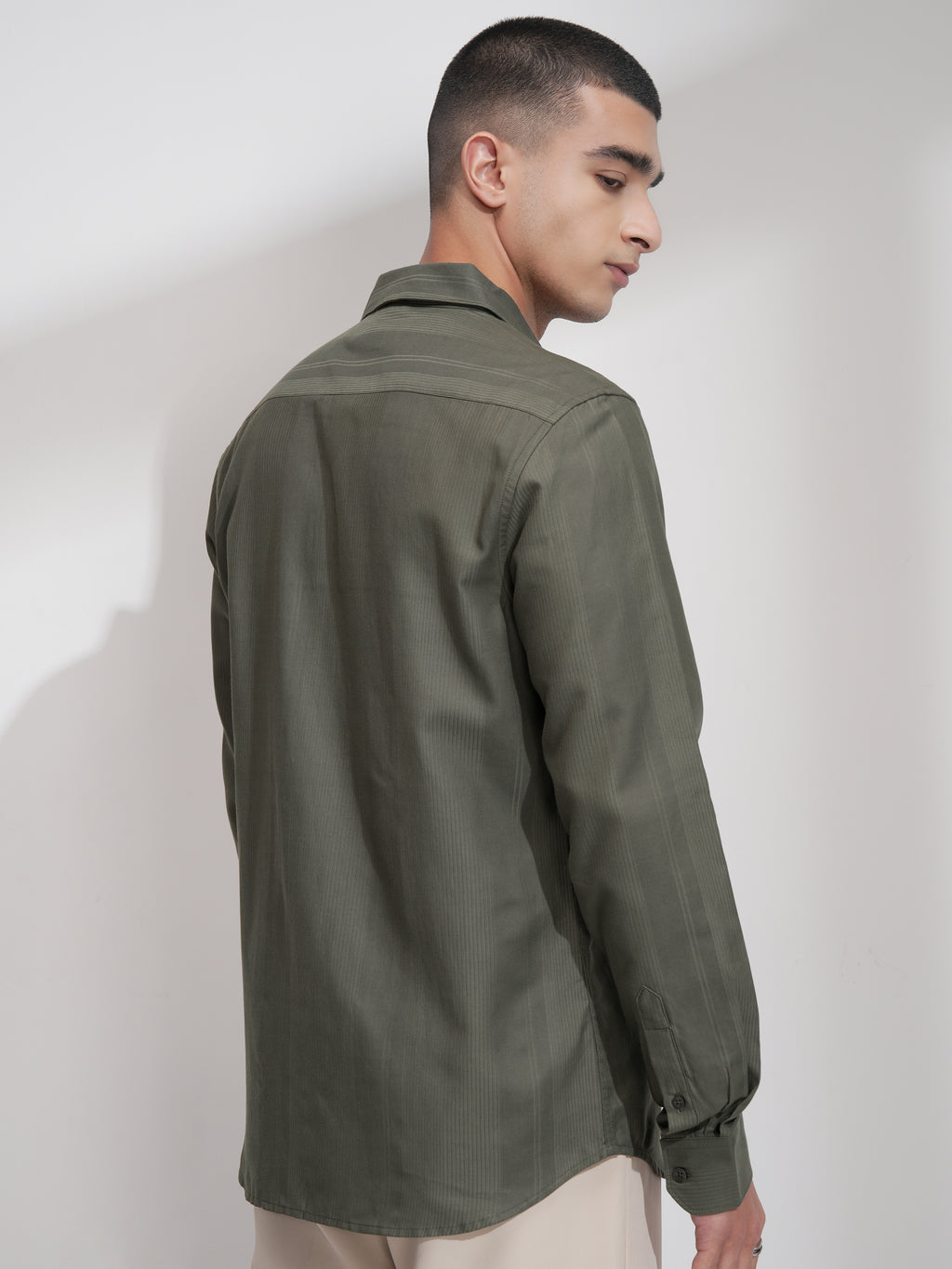 Highlander Men Olive Self Design Slim Fit Casual Shirt - Olive - Image 3