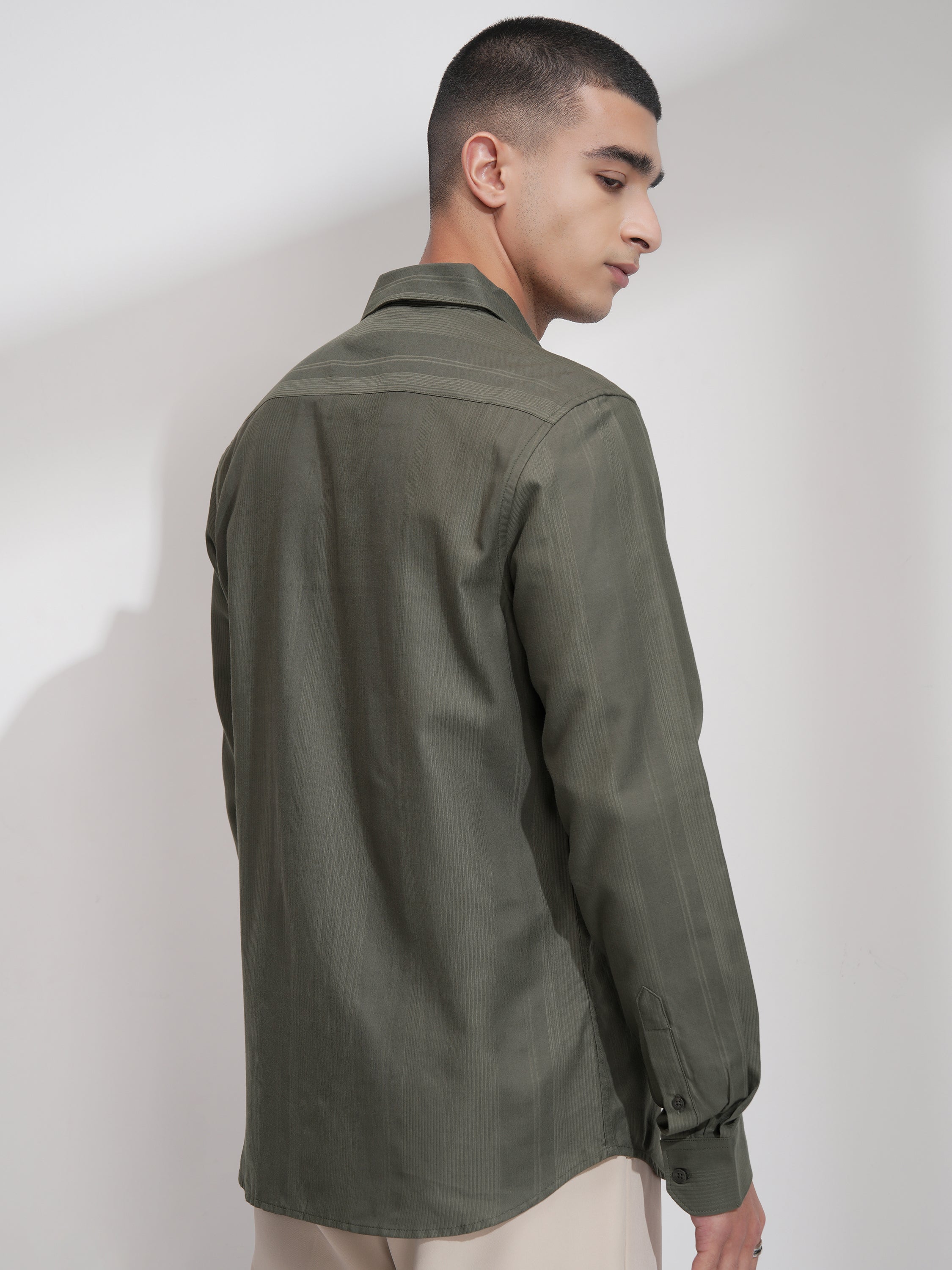 Highlander Men Olive Self Design Slim Fit Casual Shirt - Olive - Image 3