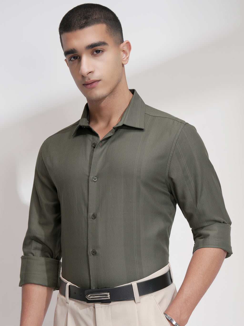 Highlander Men Olive Self Design Slim Fit Casual Shirt - Olive - Image 4