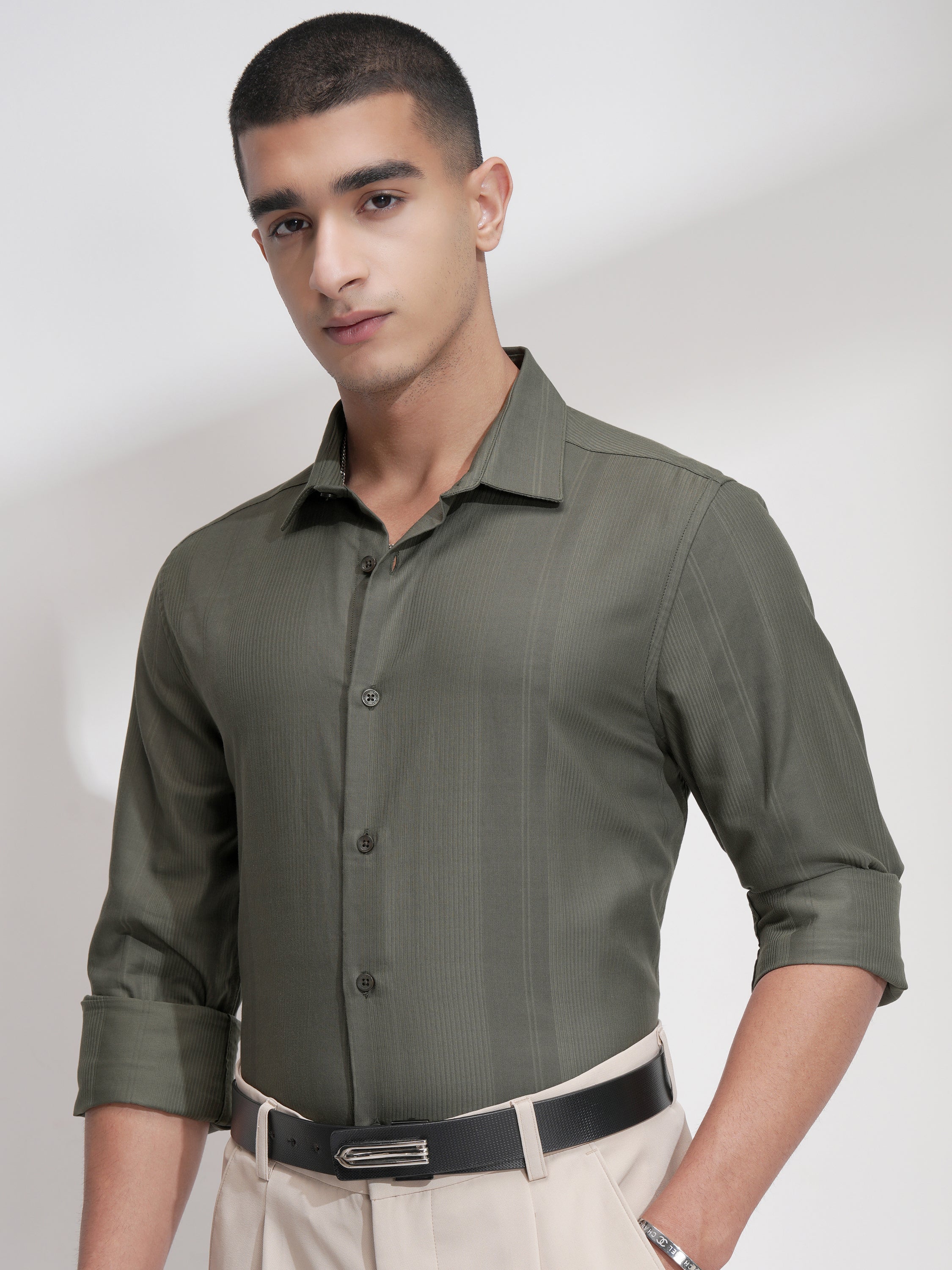 Highlander Men Olive Self Design Slim Fit Casual Shirt - Olive - Image 4