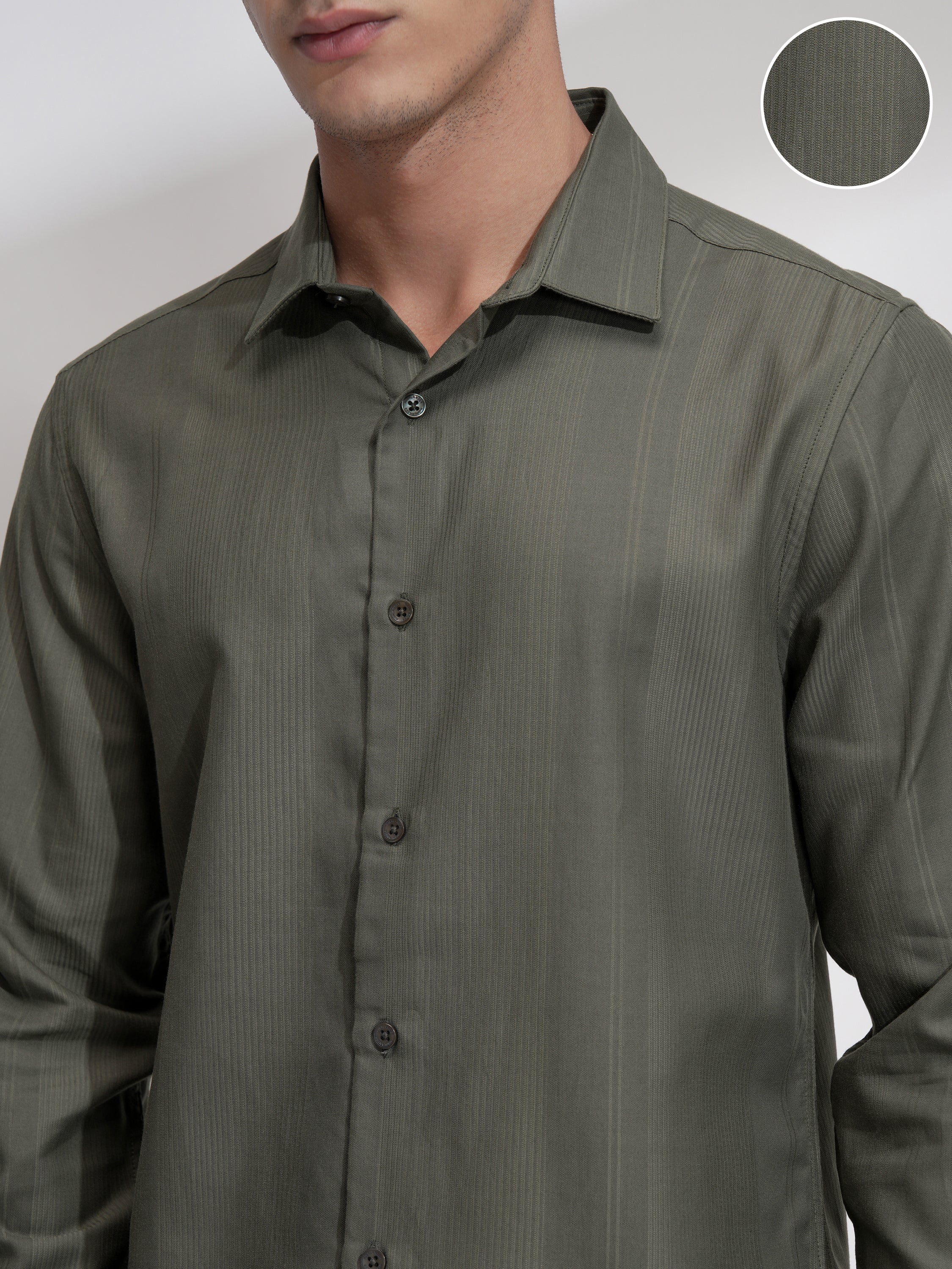 Highlander Men Olive Self Design Slim Fit Casual Shirt - Olive - Image 5