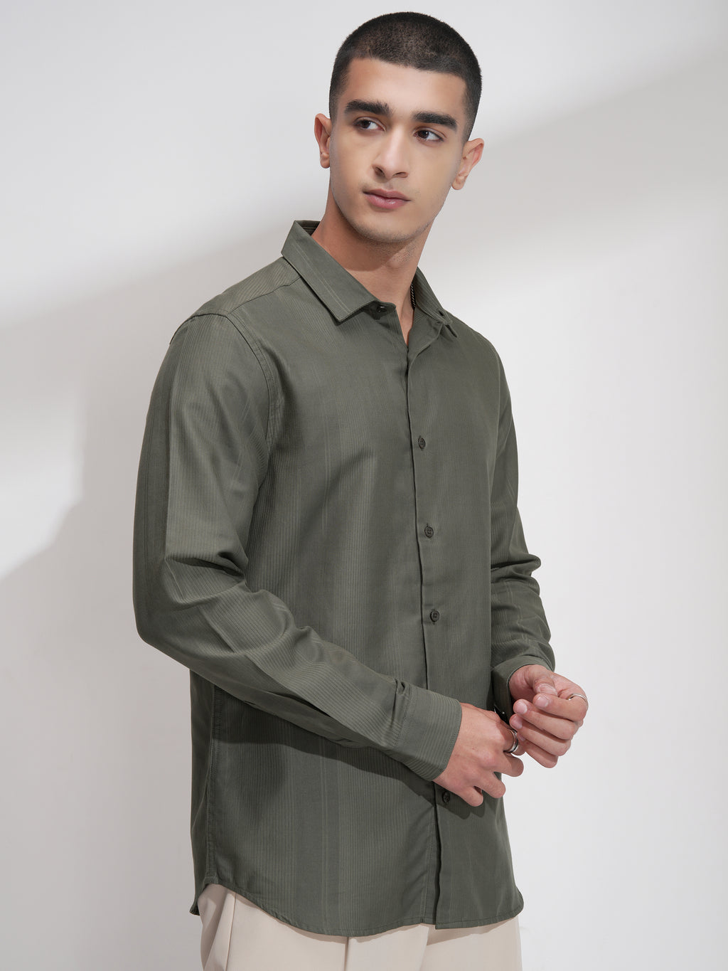 Highlander Men Olive Self Design Slim Fit Casual Shirt - Olive - Image 6