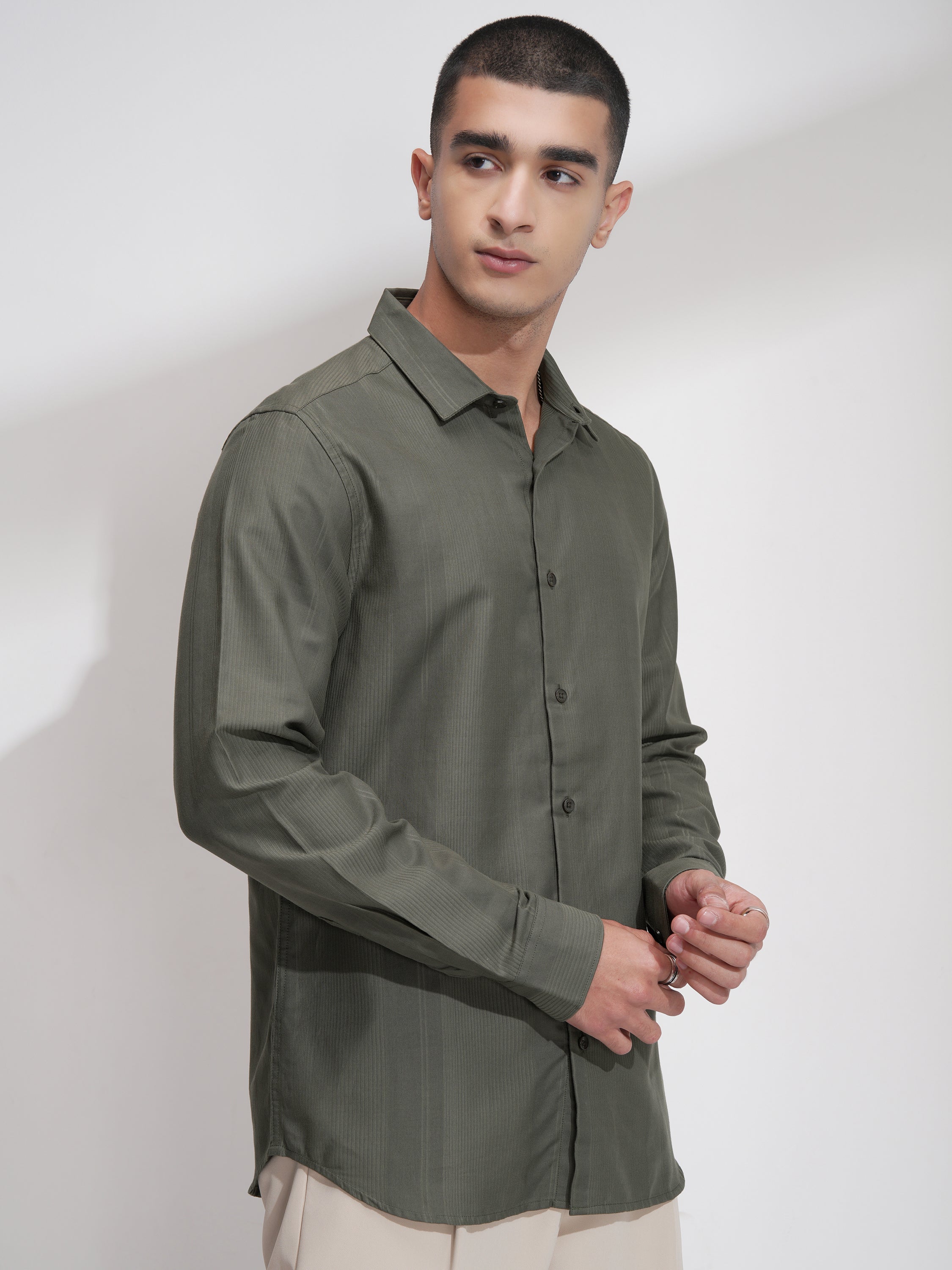 Highlander Men Olive Self Design Slim Fit Casual Shirt - Olive - Image 6