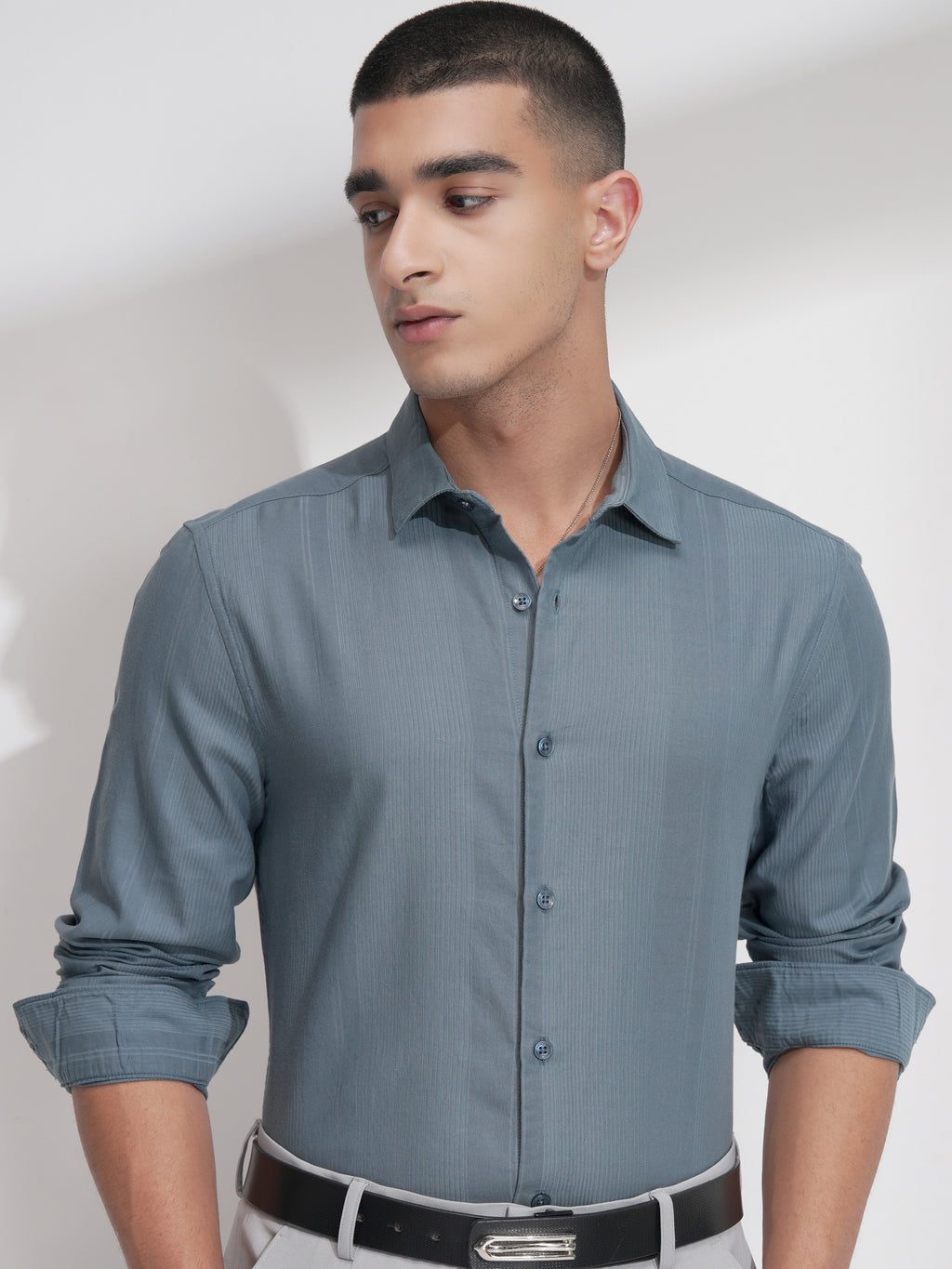 Highlander Men Teal Self Design Slim Fit Casual Shirt - Teal - Image 1
