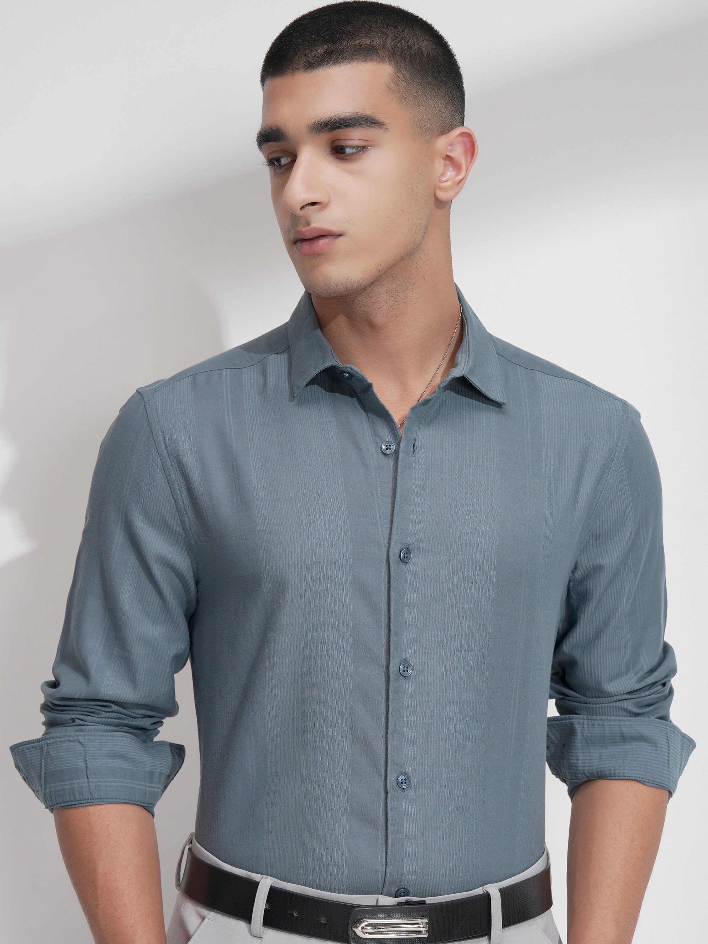 Highlander Men Teal Self Design Slim Fit Casual Shirt - Teal - Image 1