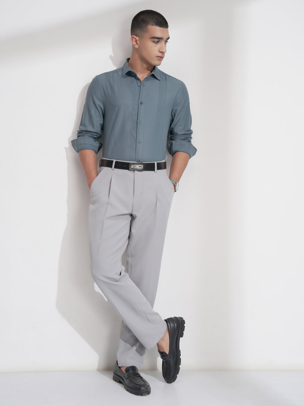 Highlander Men Teal Self Design Slim Fit Casual Shirt - Teal - Image 2