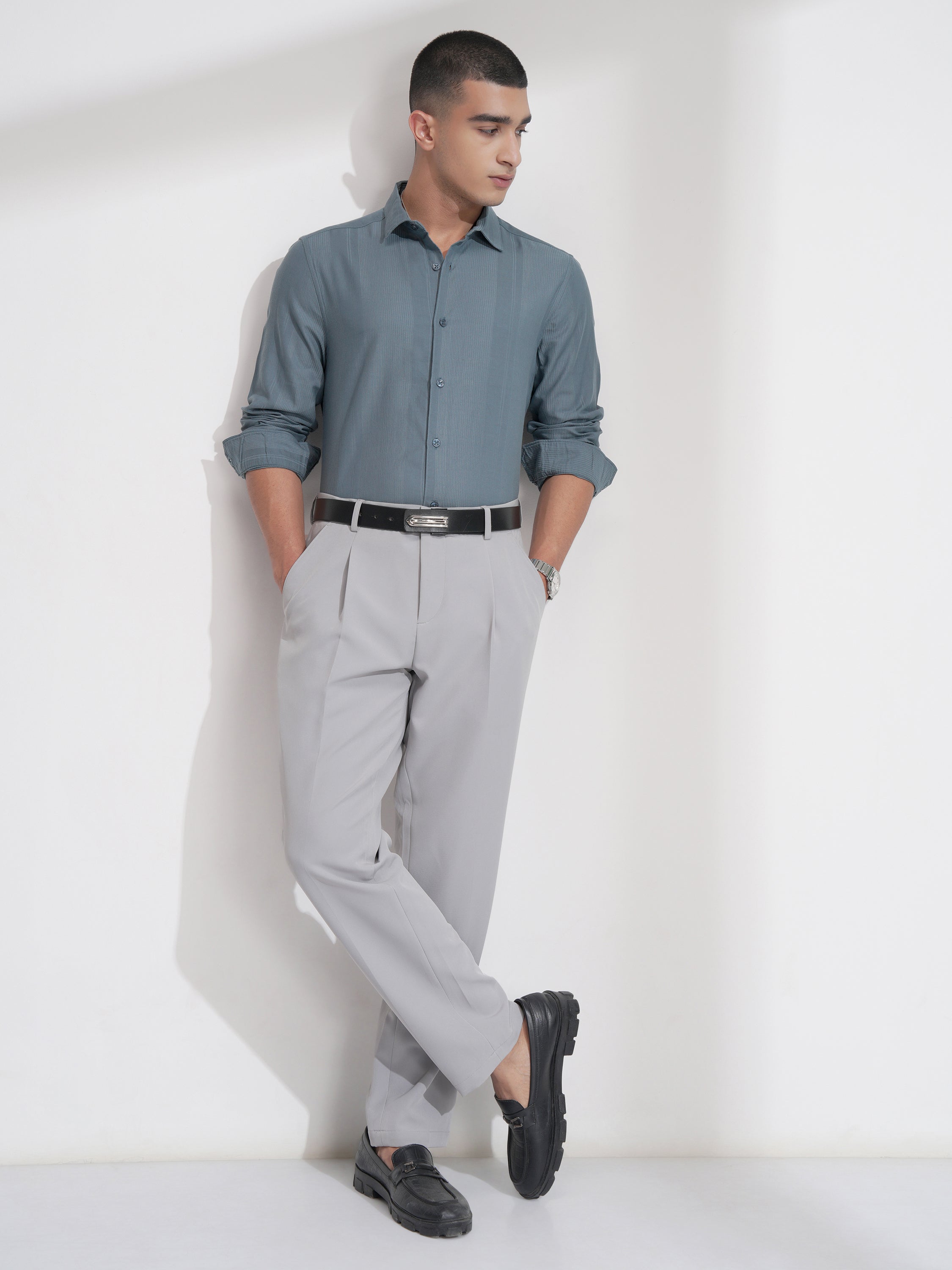 Highlander Men Teal Self Design Slim Fit Casual Shirt - Teal - Image 2