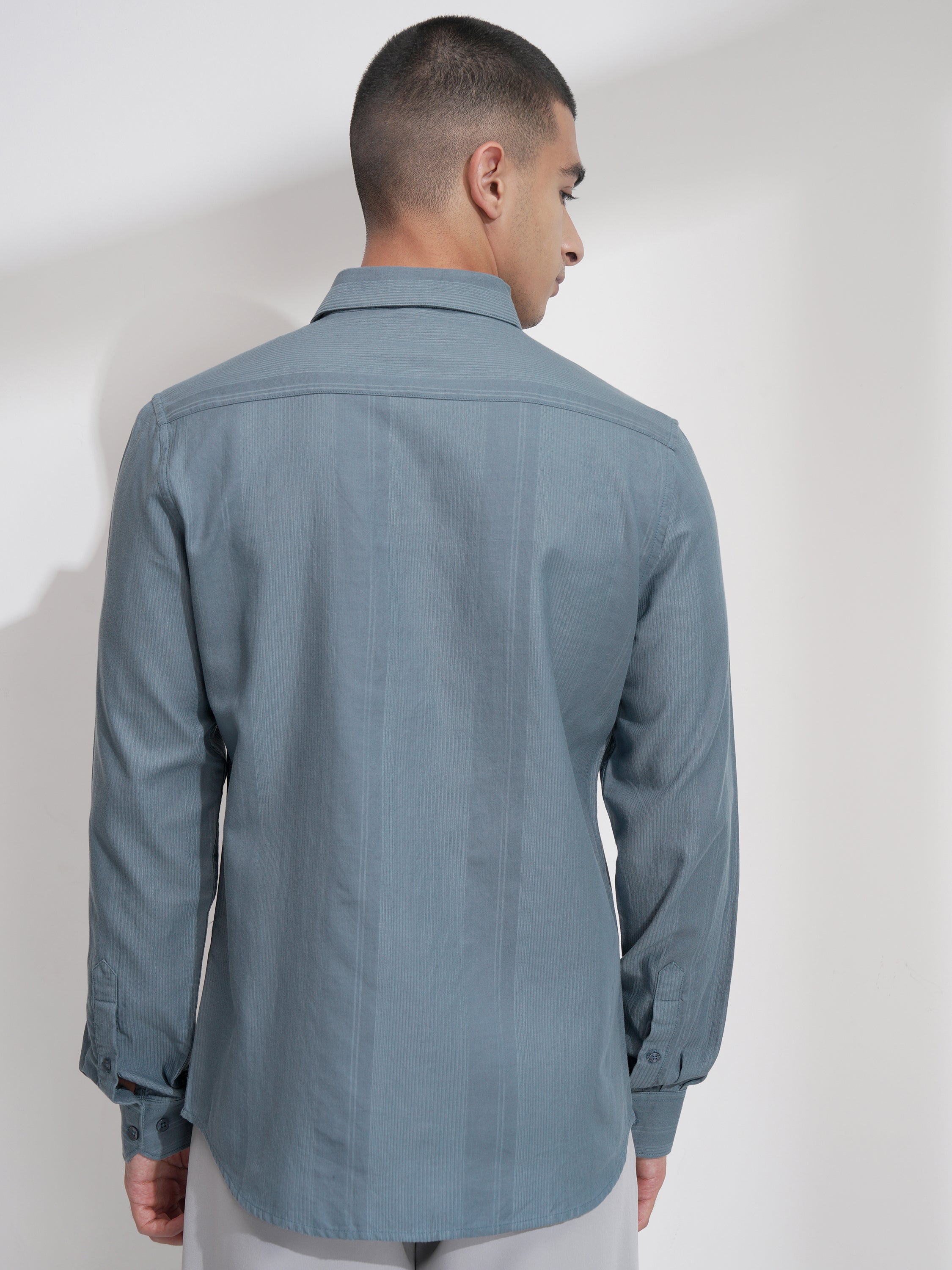 Highlander Men Teal Self Design Slim Fit Casual Shirt - Teal - Image 3