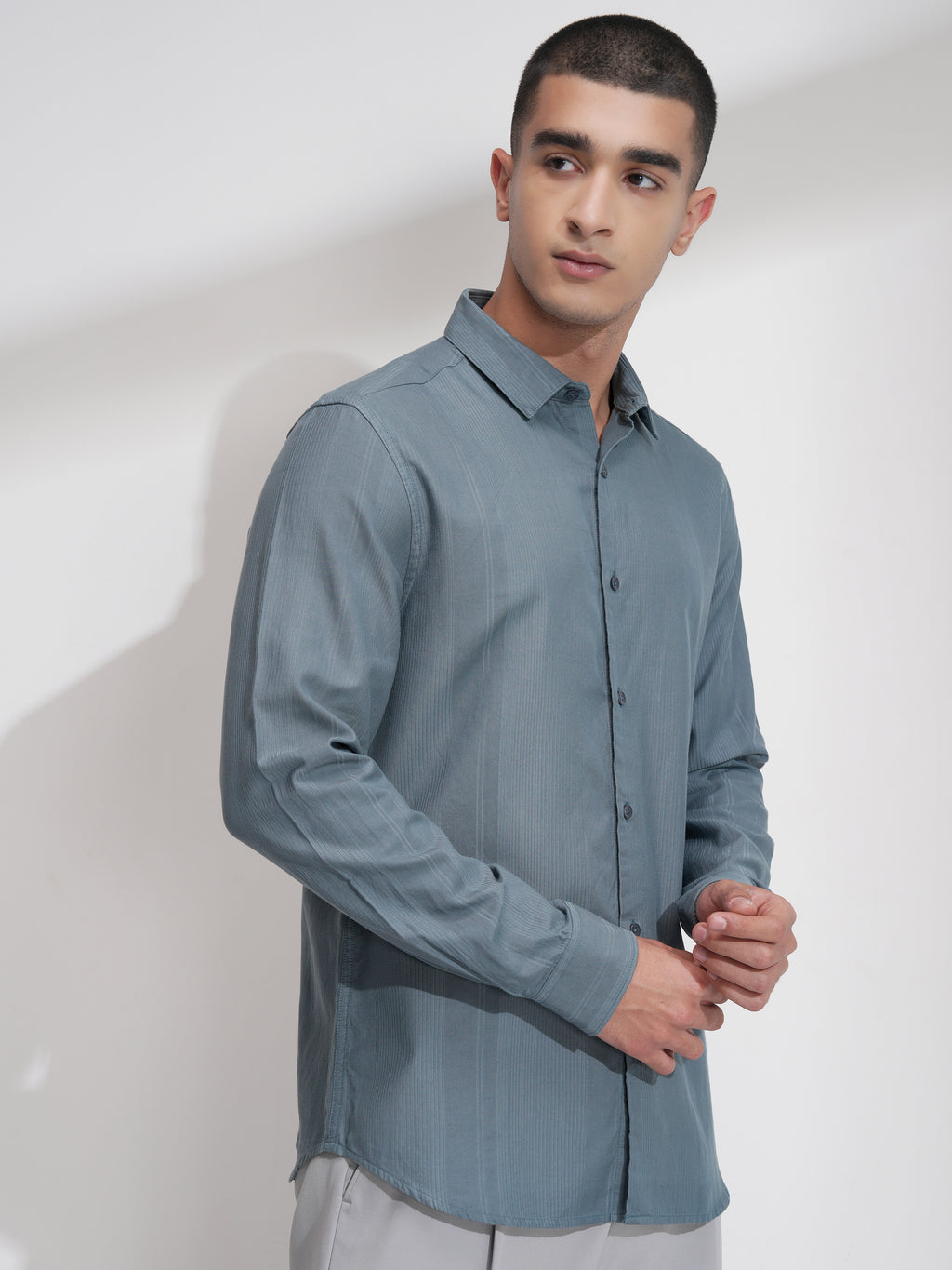 Highlander Men Teal Self Design Slim Fit Casual Shirt - Teal - Image 6