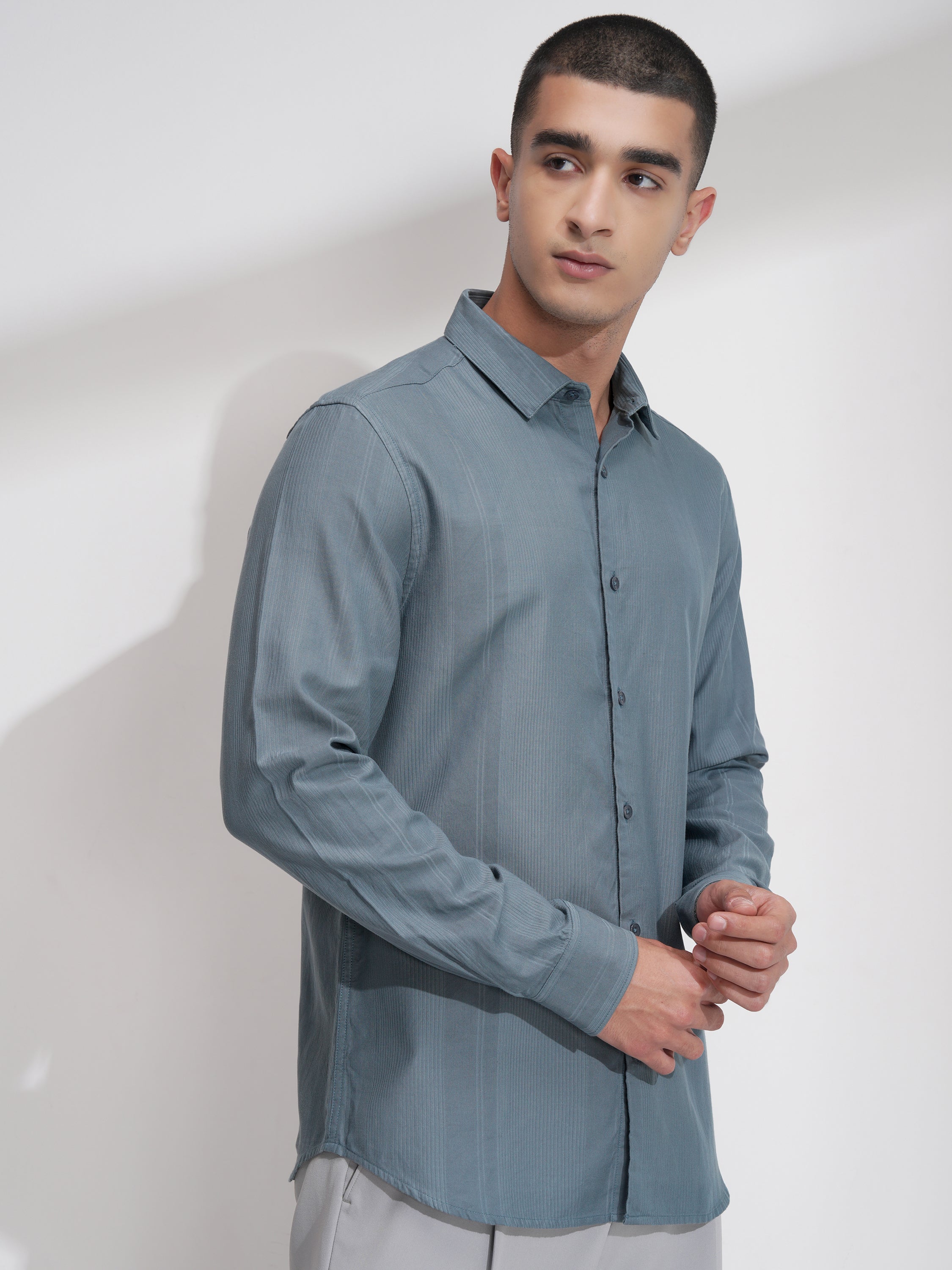 Highlander Men Teal Self Design Slim Fit Casual Shirt - Teal - Image 6