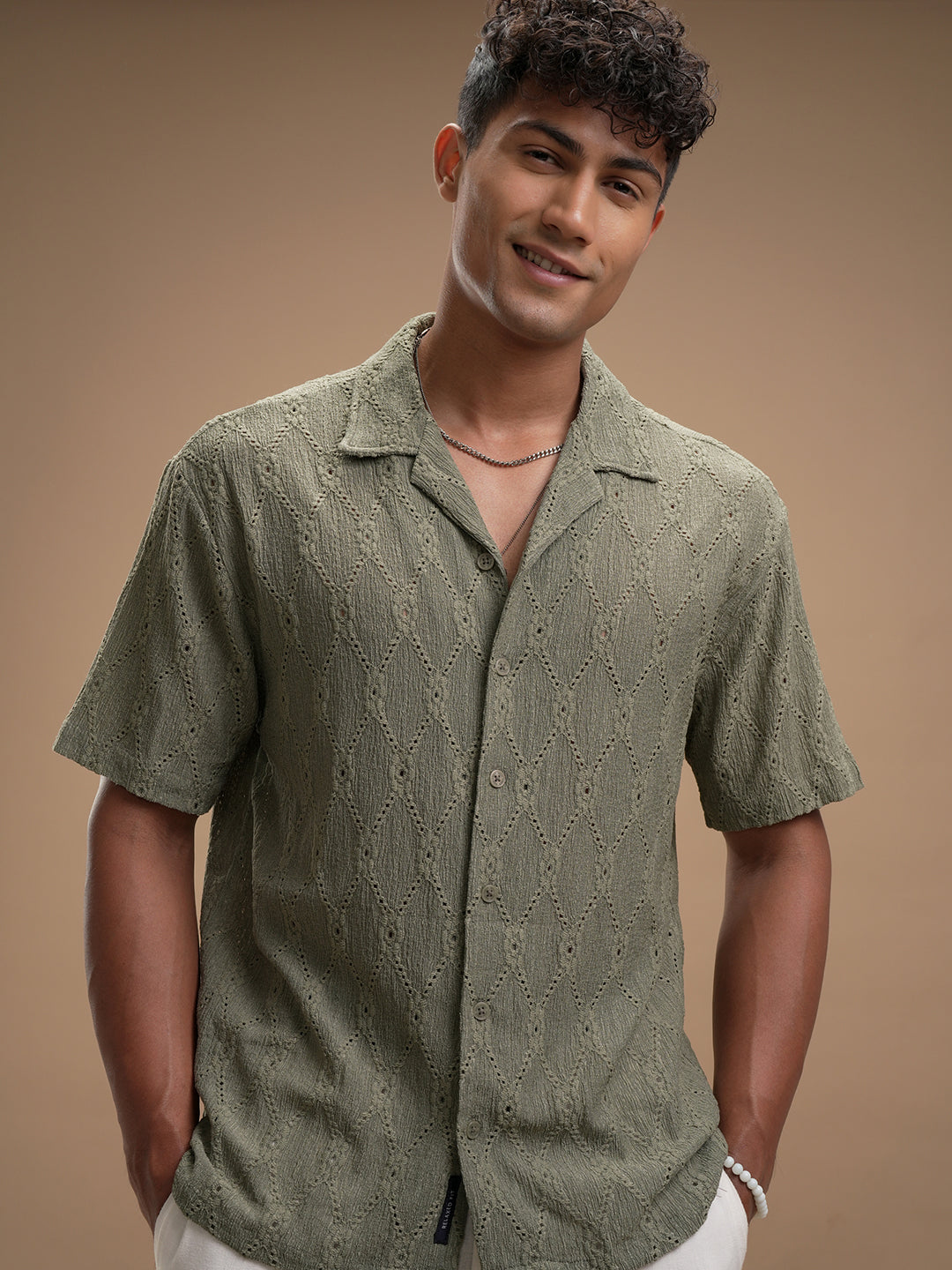 Highlander Men Green Self Design Relaxed Fit Casual Shirt - Green - Image 1