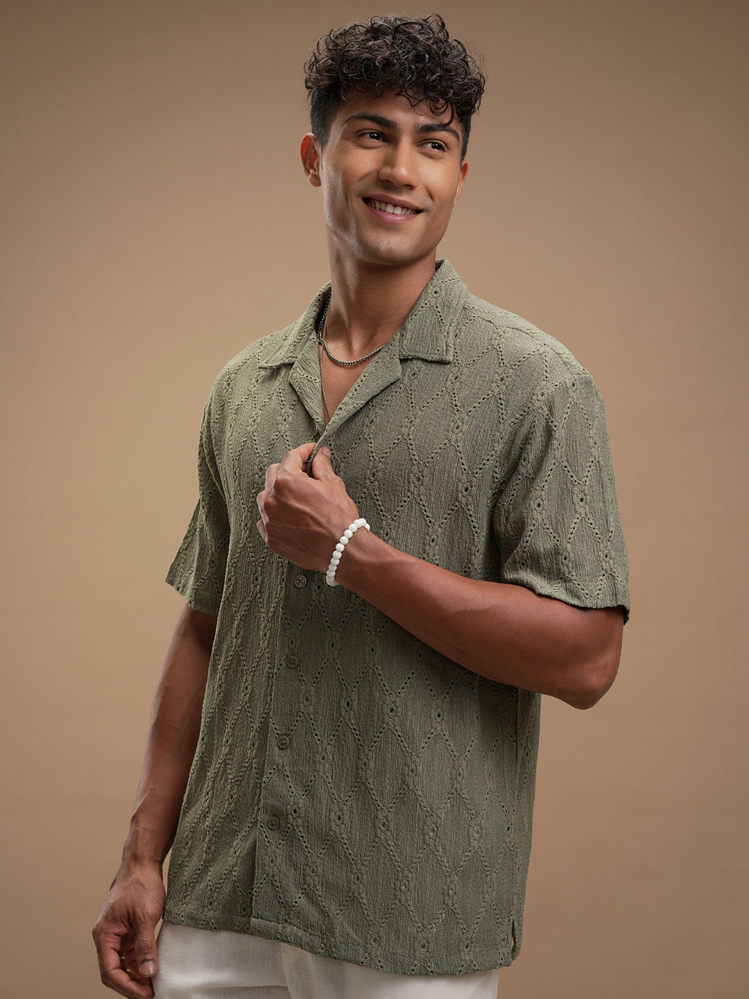 Highlander Men Green Self Design Relaxed Fit Casual Shirt - Green - Image 4