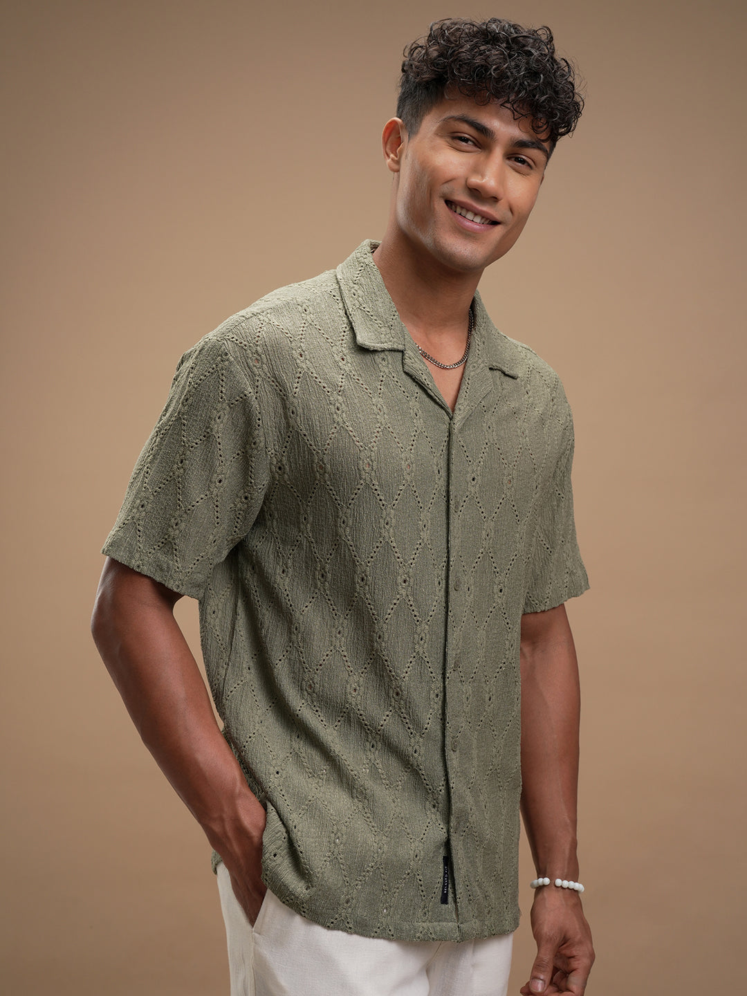 Highlander Men Green Self Design Relaxed Fit Casual Shirt - Green - Image 6