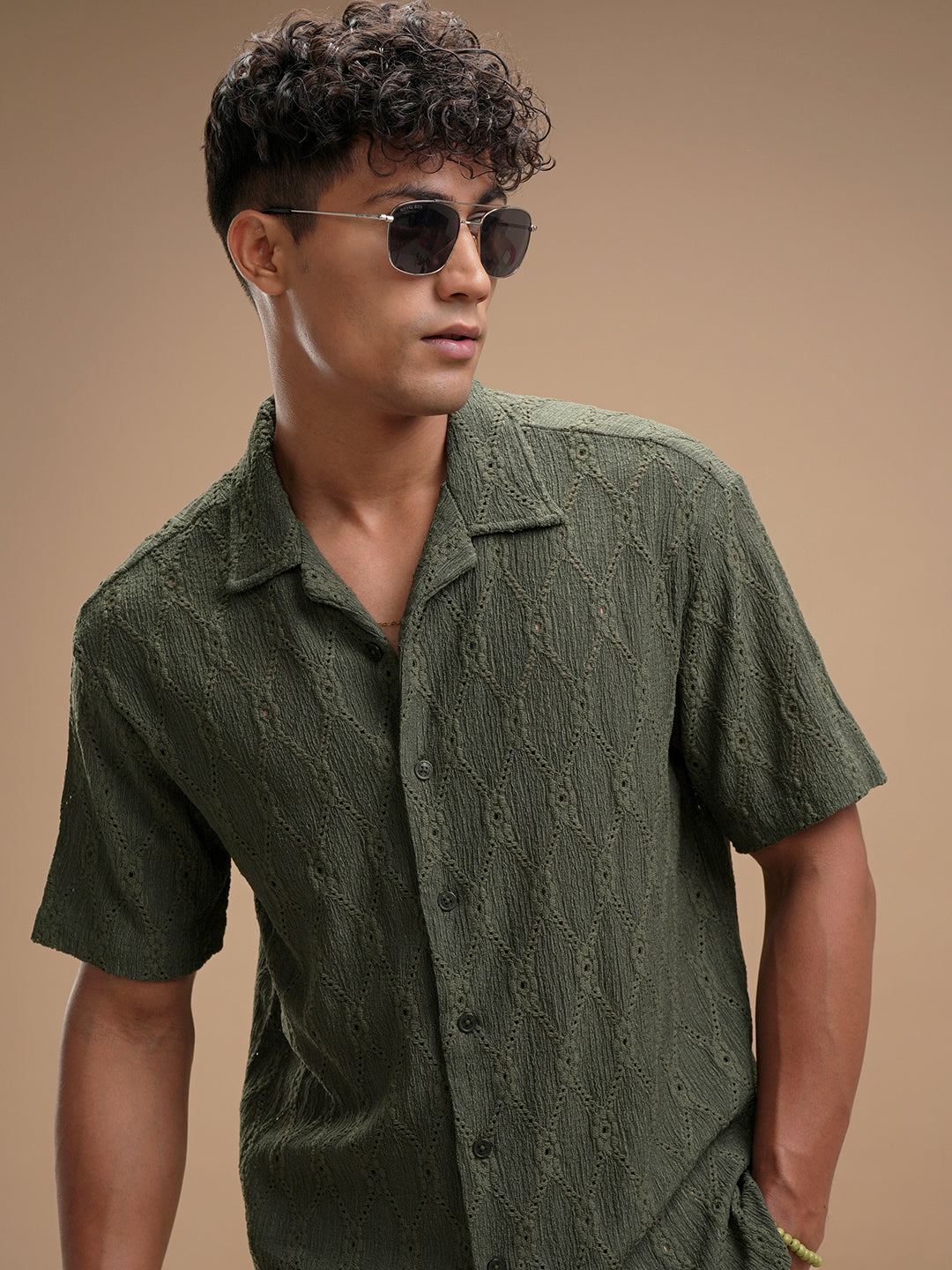 Highlander Men Green Self Design Relaxed Fit Casual Shirt - Green - Image 1