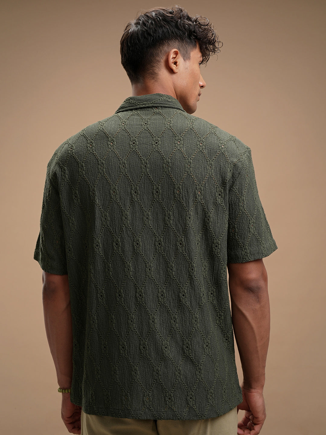 Highlander Men Green Self Design Relaxed Fit Casual Shirt - Green - Image 3