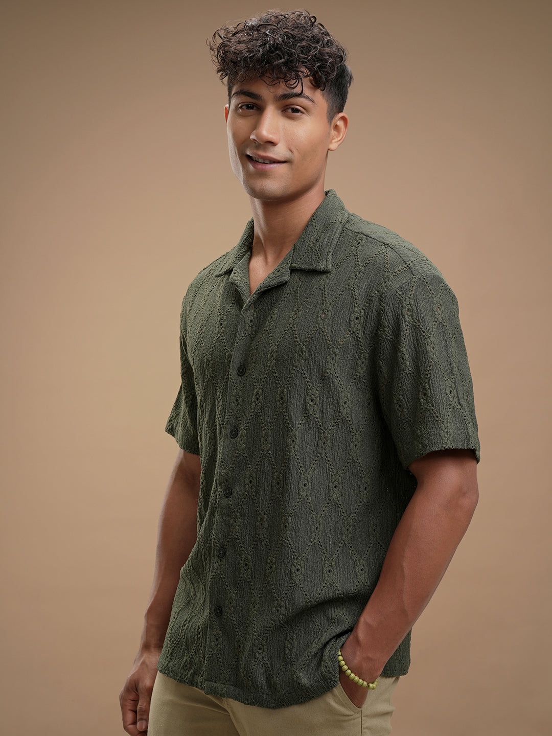 Highlander Men Green Self Design Relaxed Fit Casual Shirt - Green - Image 4