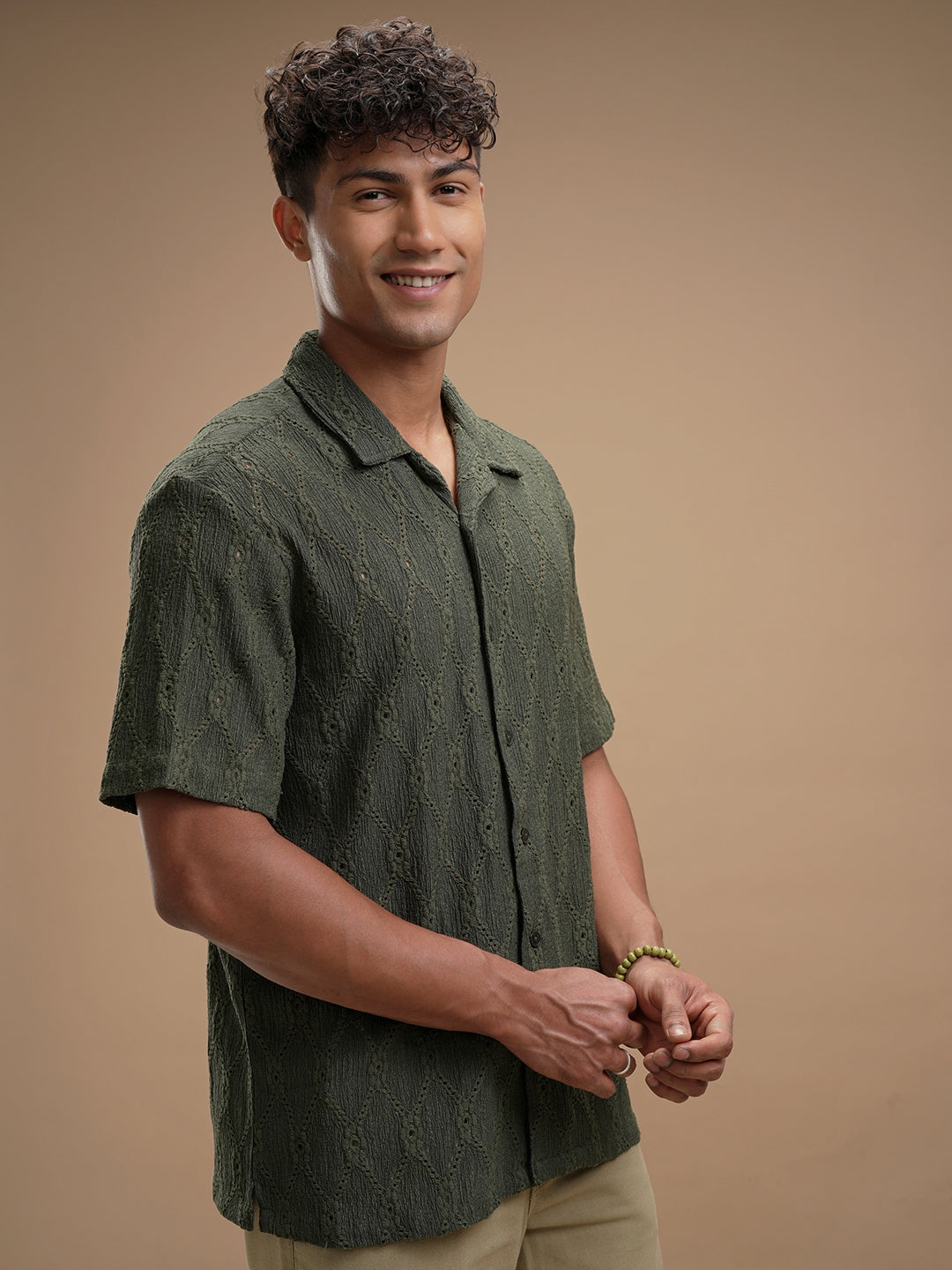 Highlander Men Green Self Design Relaxed Fit Casual Shirt - Green - Image 6