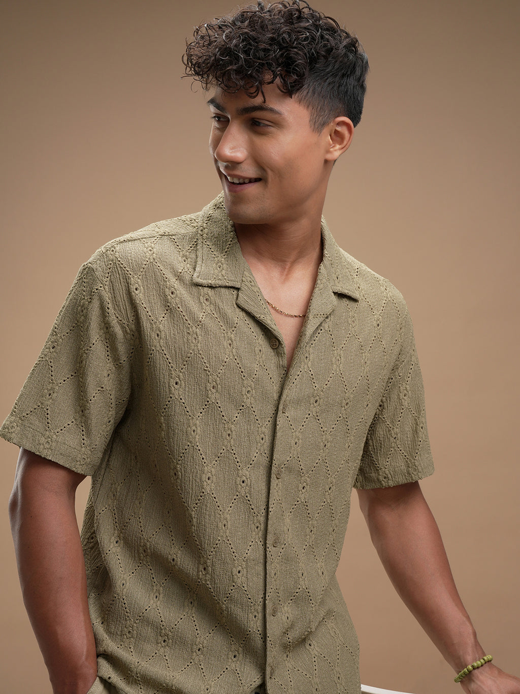 Highlander Men Olive Self Design Relaxed Fit Casual Shirt - Olive - Image 1