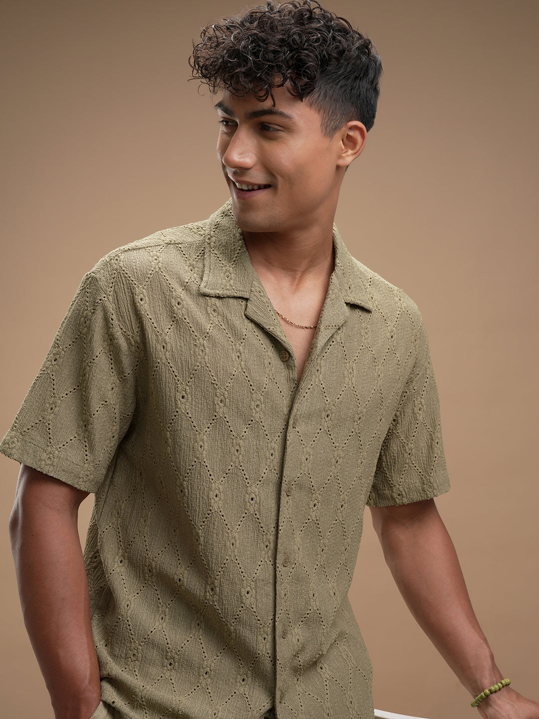 Highlander Men Olive Self Design Relaxed Fit Casual Shirt - Olive - Image 1