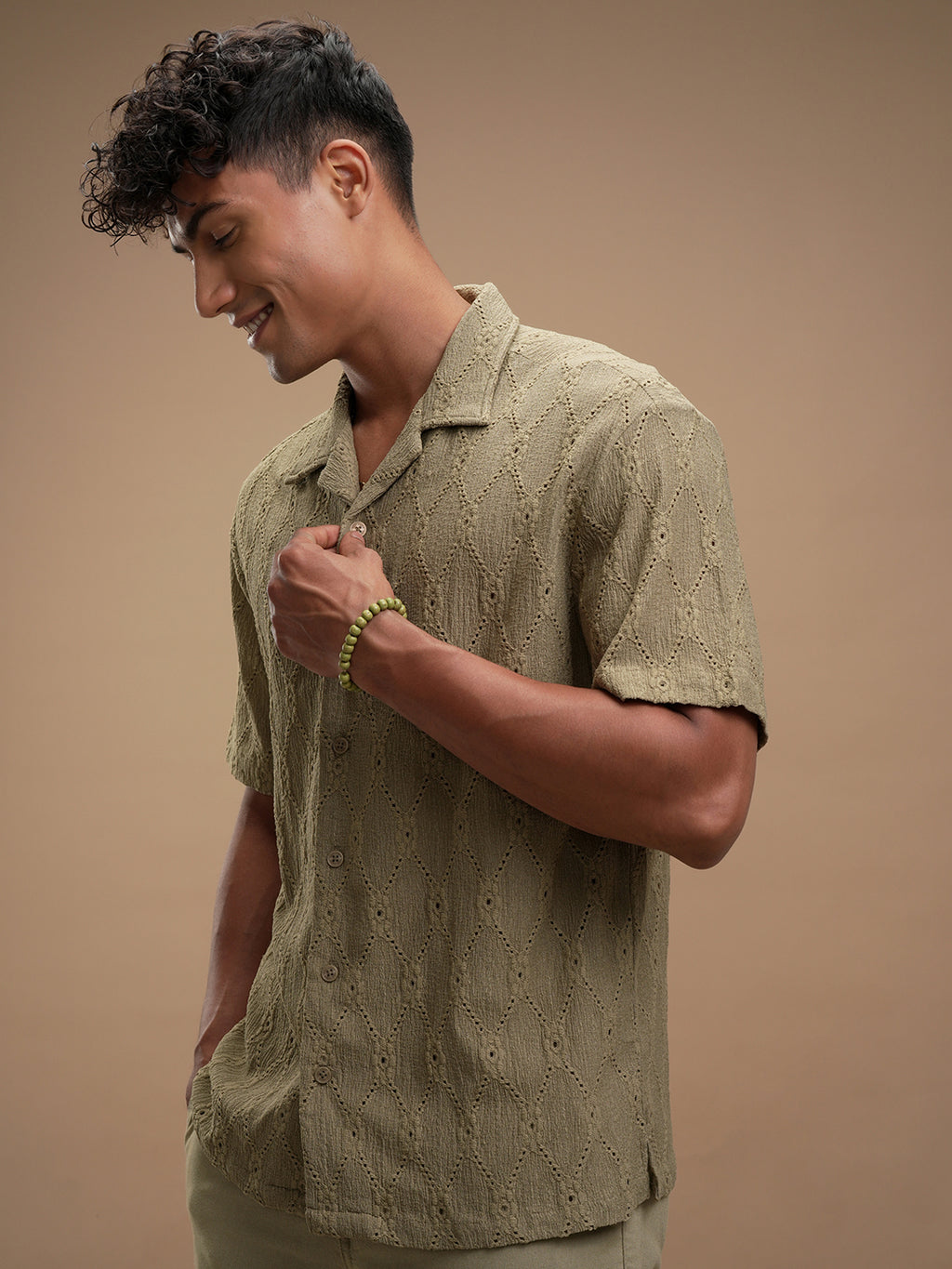 Highlander Men Olive Self Design Relaxed Fit Casual Shirt - Olive - Image 4