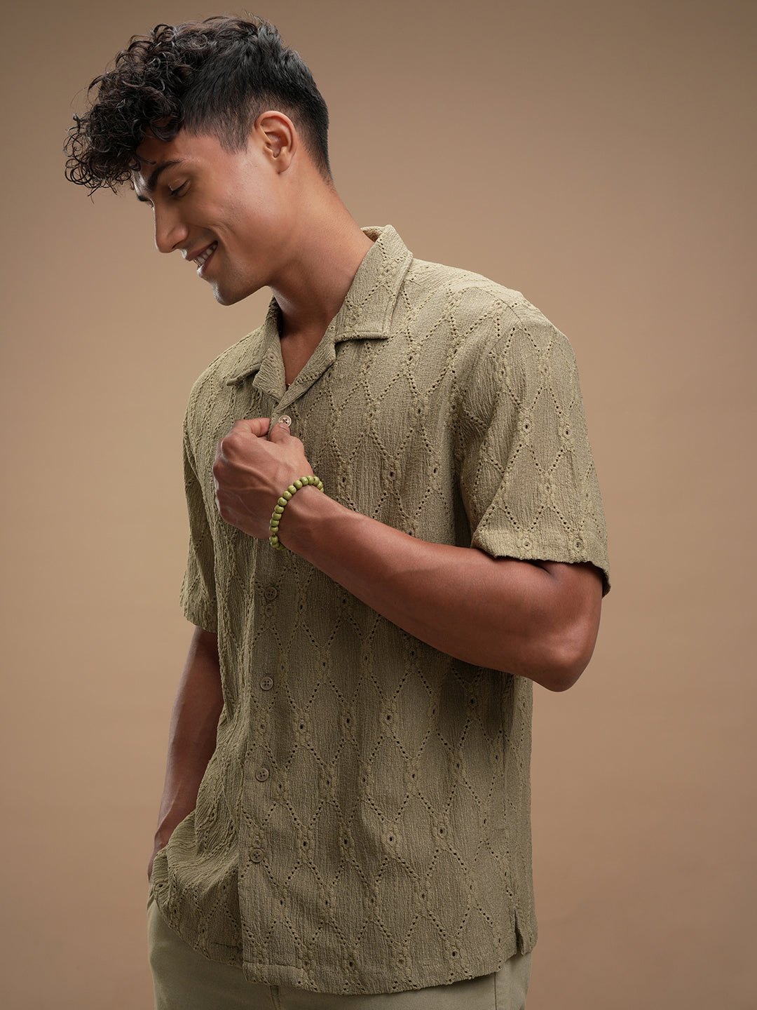 Highlander Men Olive Self Design Relaxed Fit Casual Shirt - Olive - Image 4