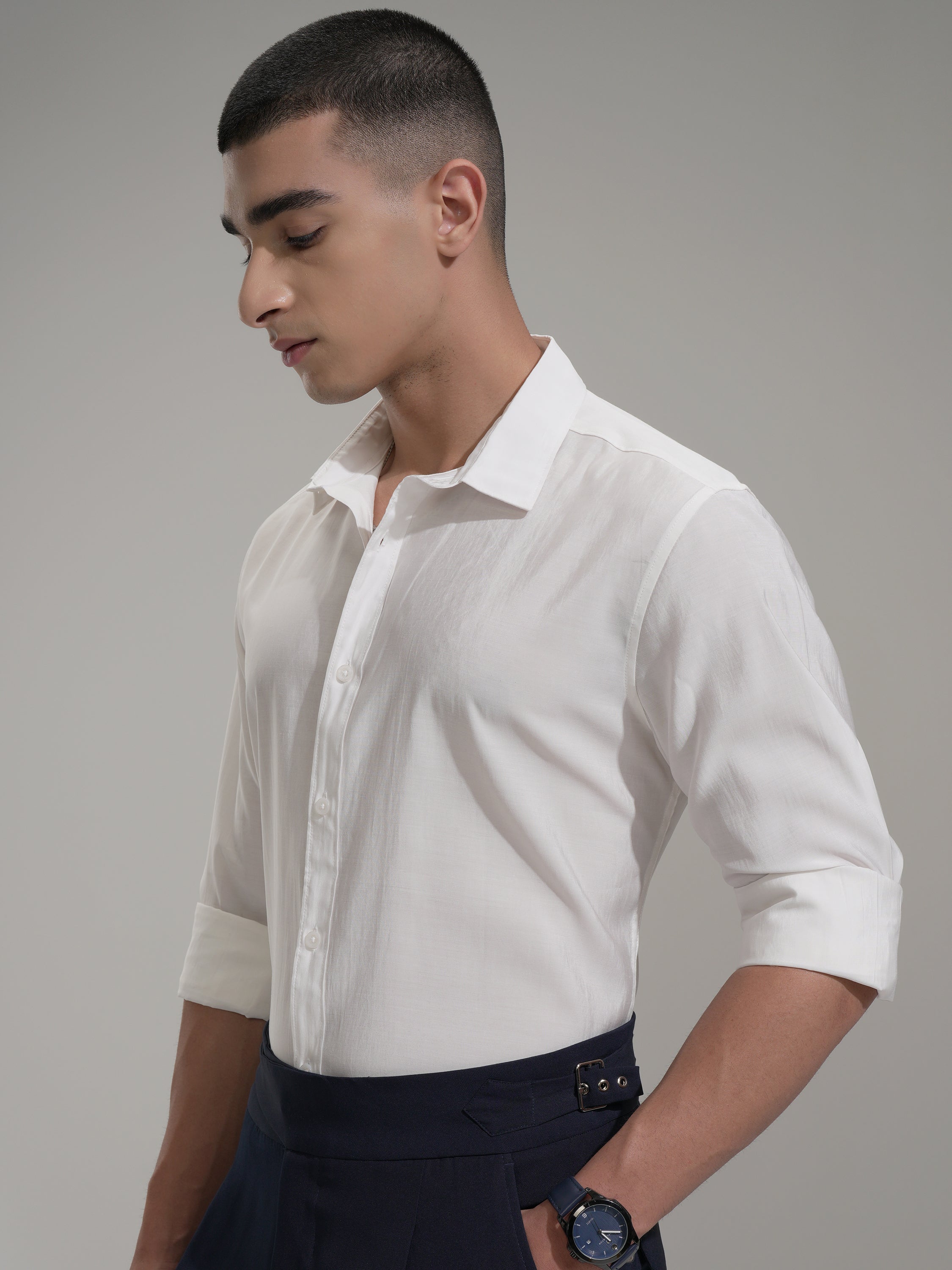 Highlander Men White Solid Slim Fit Casual Shirt - White - Image 4