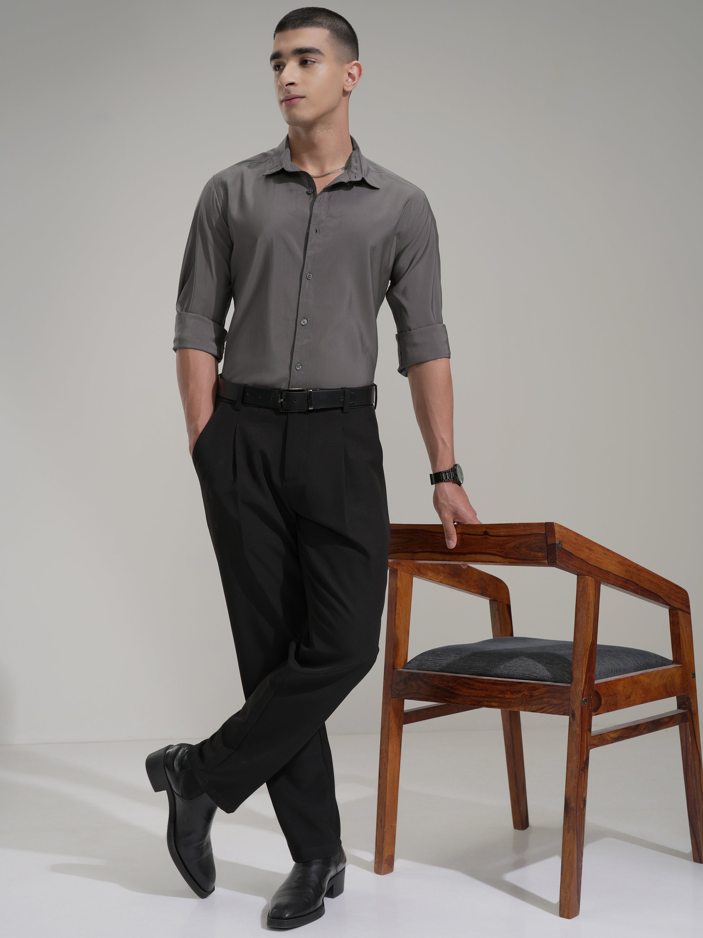 Highlander Men Grey Solid Slim Fit Casual Shirt - Grey - Image 2