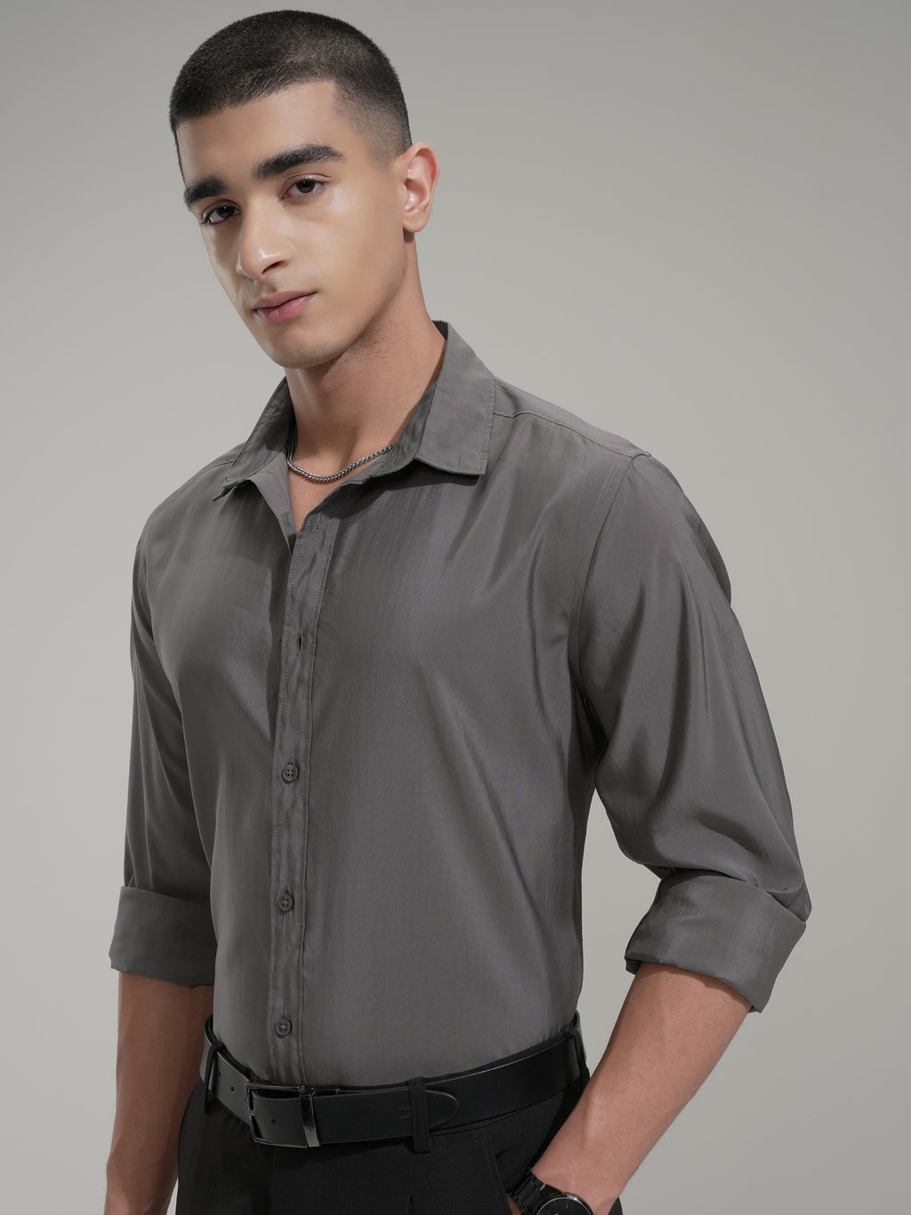 Highlander Men Grey Solid Slim Fit Casual Shirt - Grey - Image 4