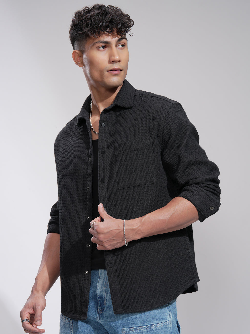 Highlander Men Black Textured Relaxed Fit Casual Shirt - Black - Image 4