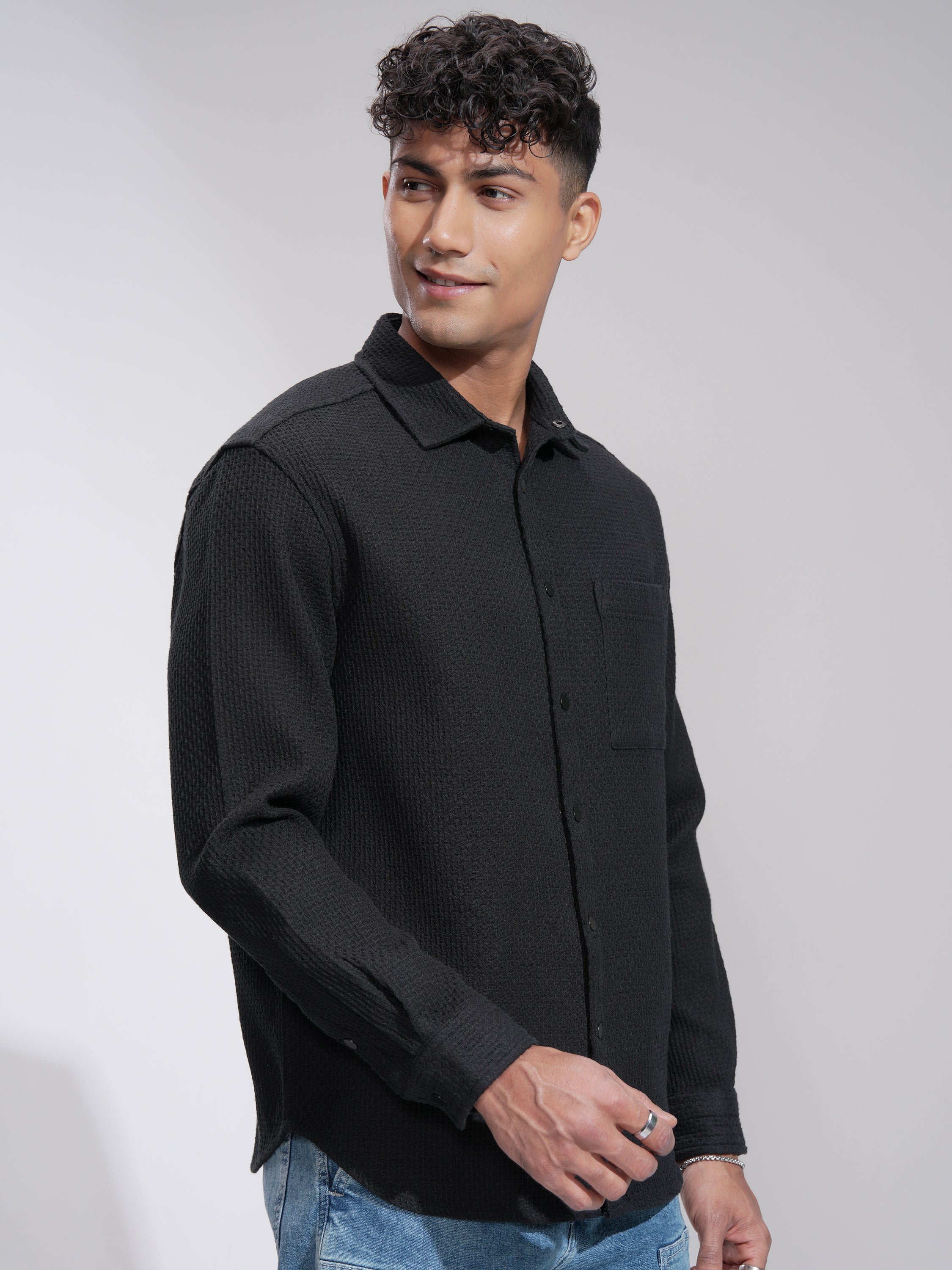 Highlander Men Black Textured Relaxed Fit Casual Shirt - Black - Image 6