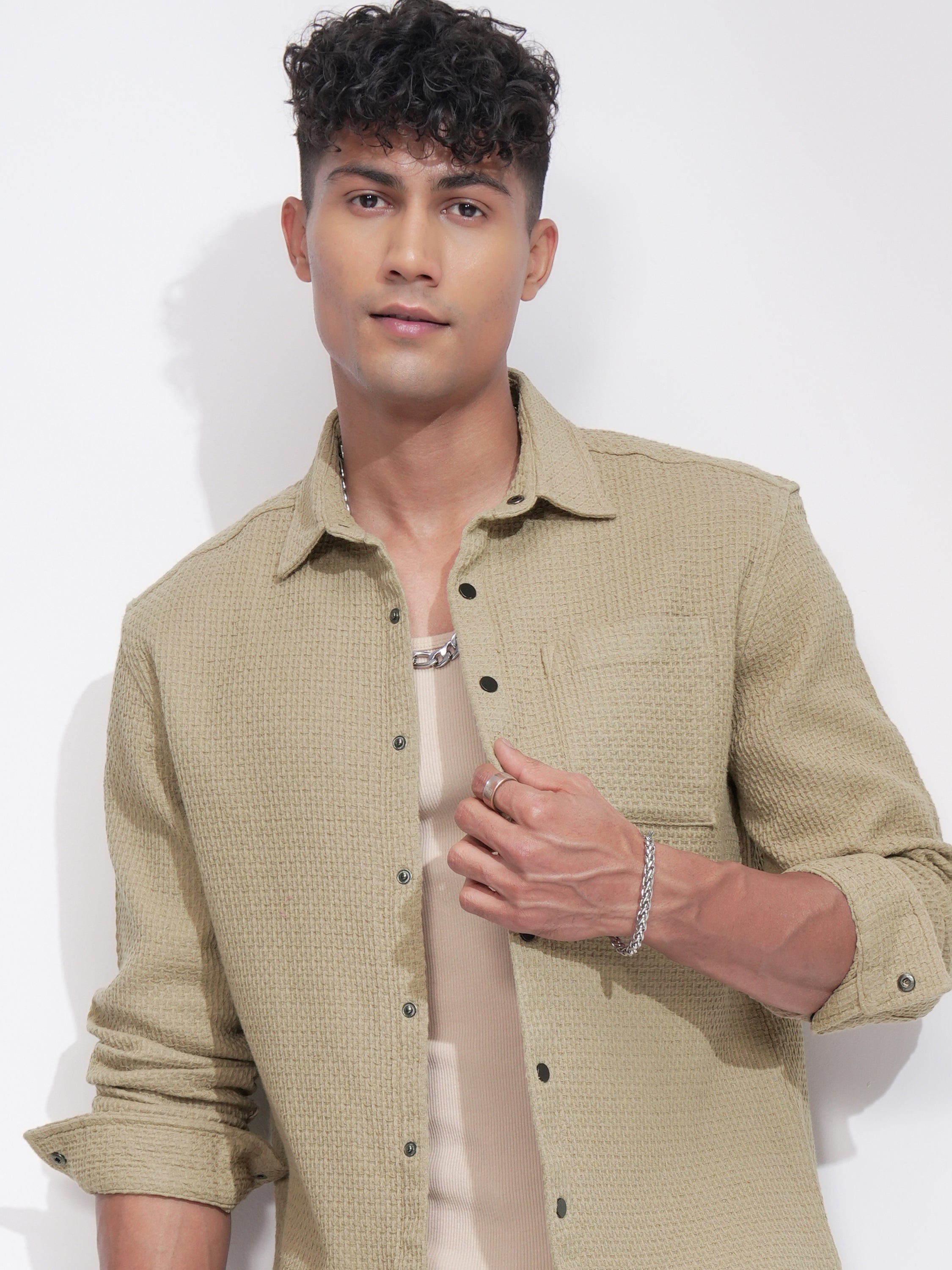 Highlander Men Khaki Textured Relaxed Fit Casual Shirt - Khaki - Image 1
