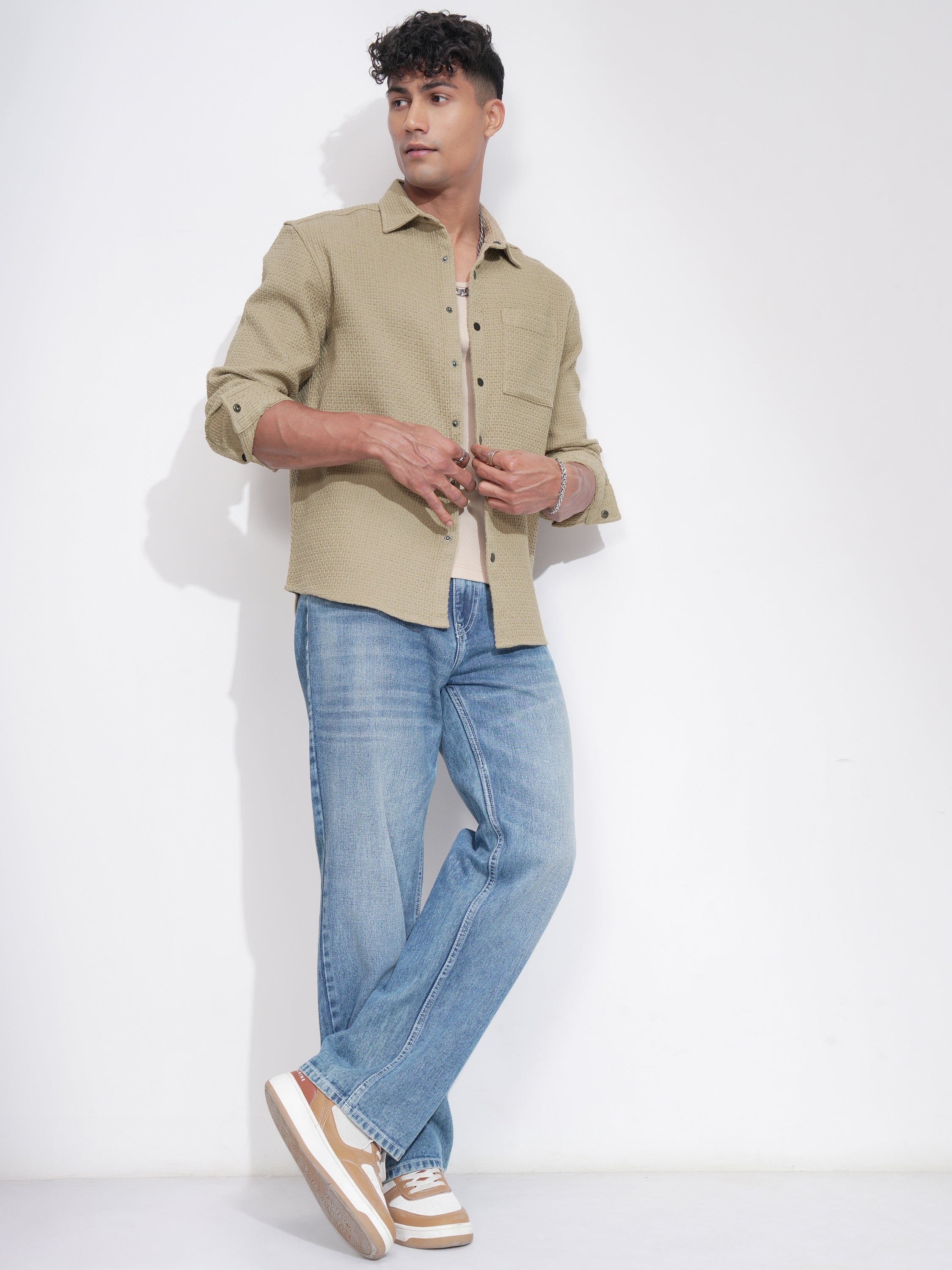 Highlander Men Khaki Textured Relaxed Fit Casual Shirt - Khaki - Image 2