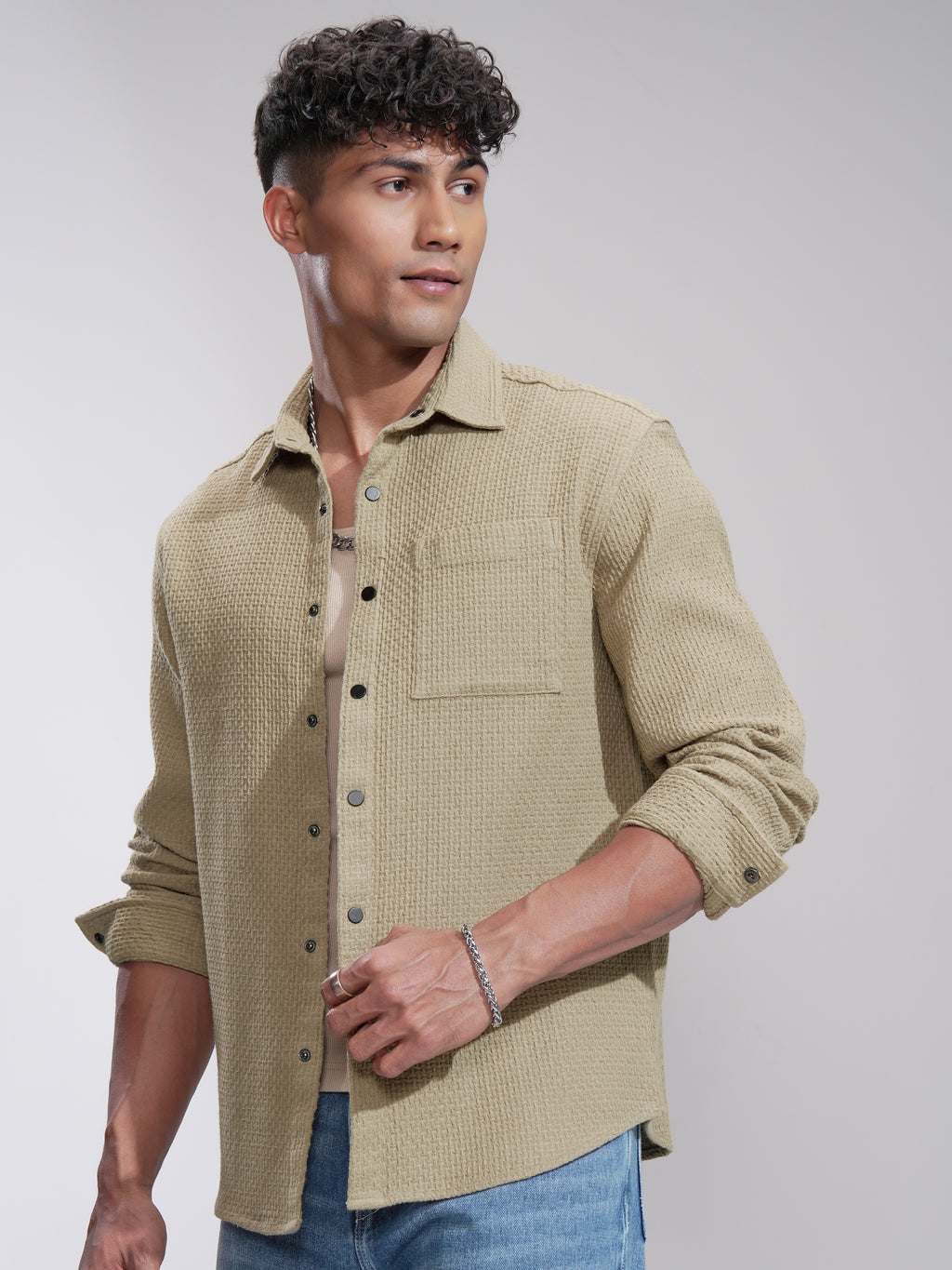 Highlander Men Khaki Textured Relaxed Fit Casual Shirt - Khaki - Image 4